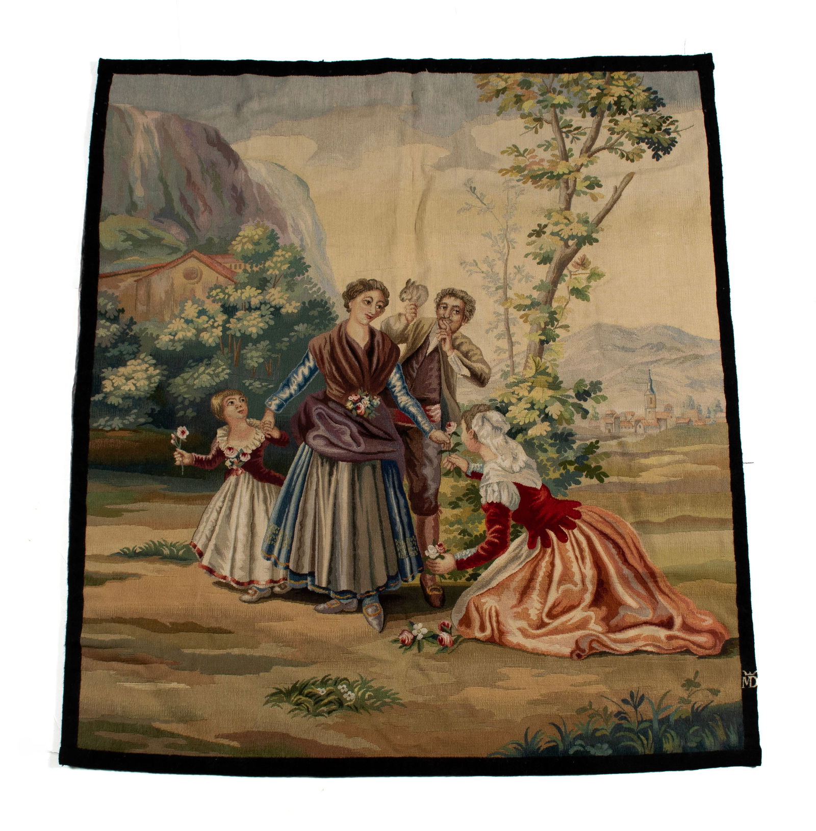 SPANISH TAPESTRY AFTER GOYA: SPANISH TAPESTRY AFTER GOYA Continental, 20th century, signed with a crown over "MD" and labeled verso with the title "Las Floristas" after Goya. Colorful woven panel showing a girl selling flowers