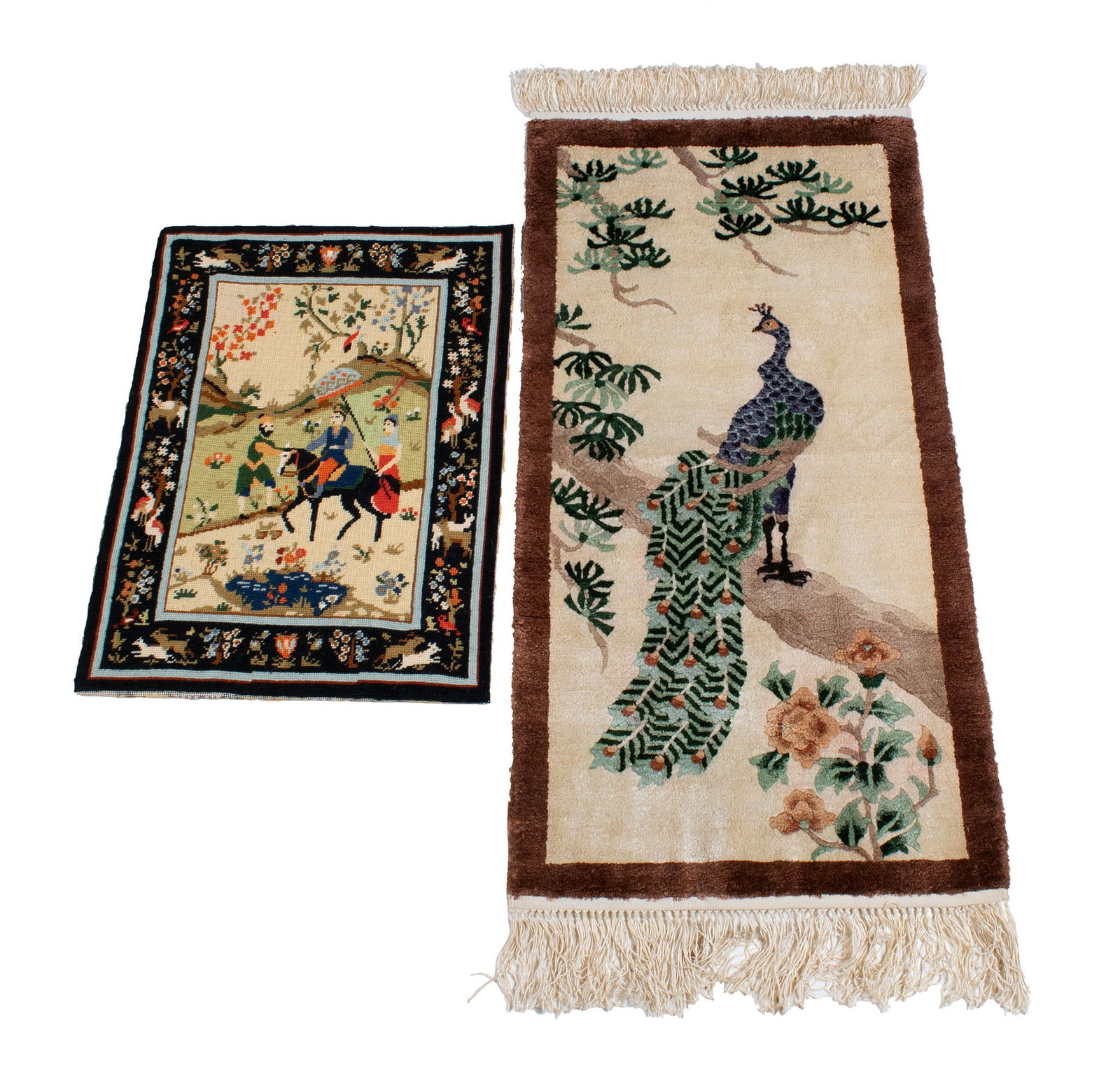 SILK WOVEN PEACOCK MAT WITH NEEDLEPOINT PANEL: SILK WOVEN PEACOCK MAT WITH NEEDLEPOINT PANEL Chinese, 20th century. Mat shows a peacock at rest on a branch against a beige ground with brown outer border. Together with a needlepoint panel showing