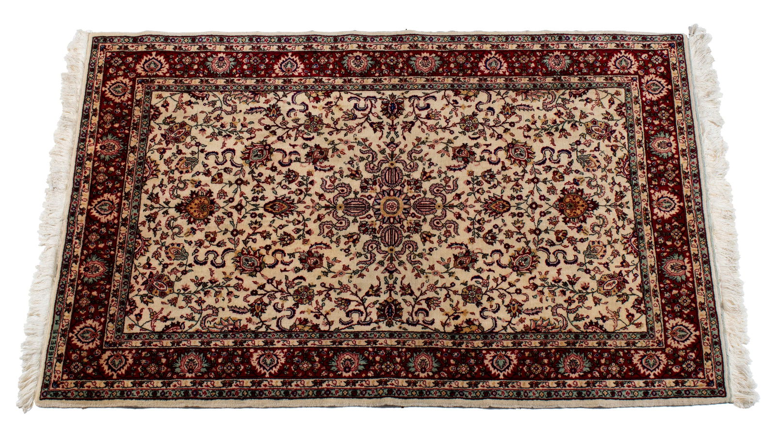 HEREKE AREA RUG: HEREKE AREA RUG Turkish, 20th century, signed "HEREKE M" near one corner. Floral decorated soft ivory field, foliate decorated red border with multiple guard borders. 6 ft. 5 in. x 3 ft. 11 in.