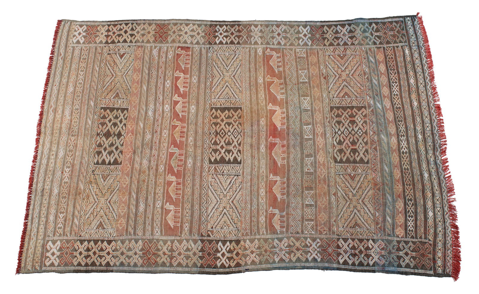 MOROCCAN SOUMAK KILIM AREA RUG: MOROCCAN SOUMAK KILIM AREA RUGMoroccan, 20th century. Horizontal rows of geometric forms incorporate two rows of camel medallions, with side borders of repetitive latch hook medallions.5 ft. 10 in. x