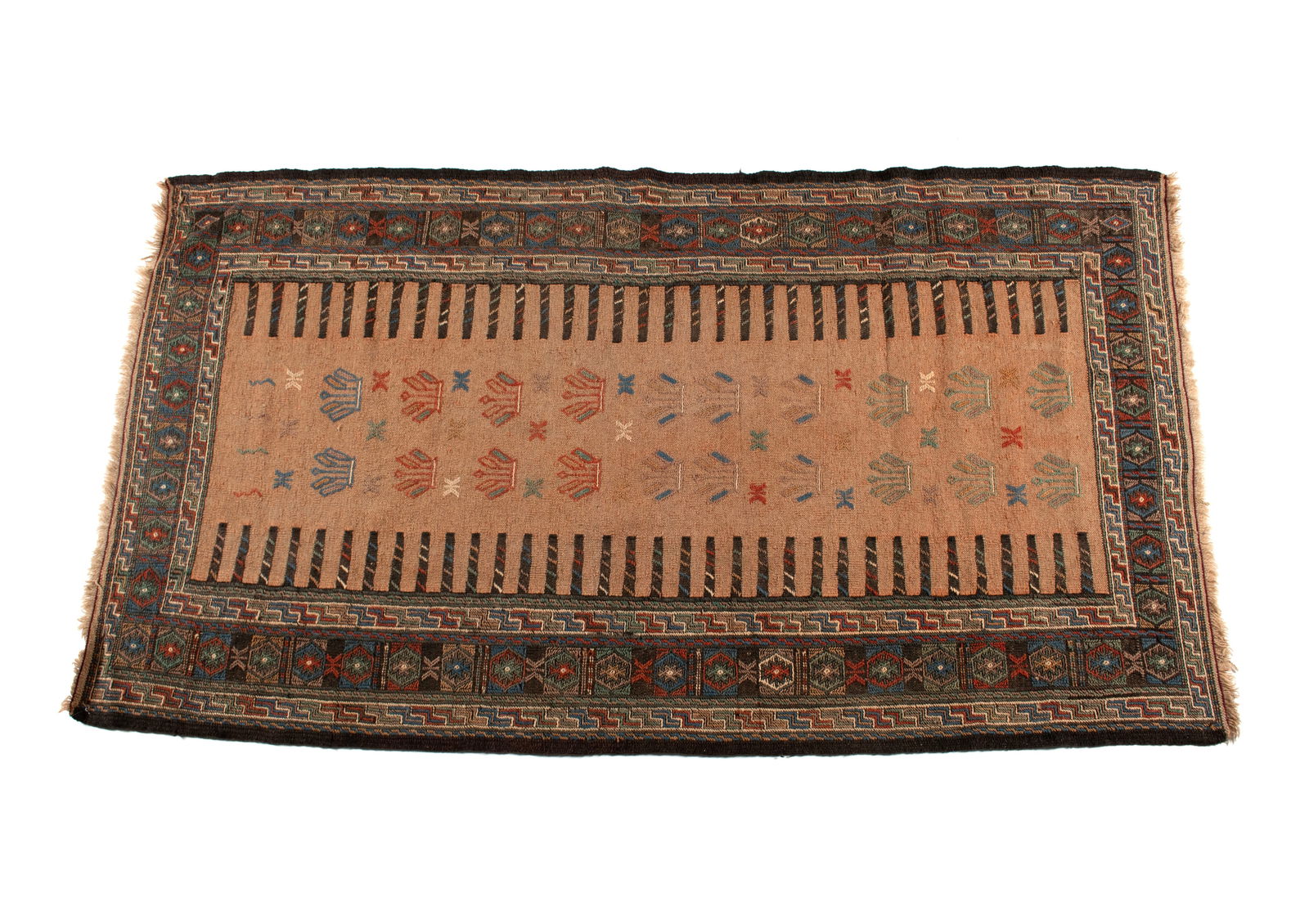 TURKISH FLAT STITCHED AREA RUG: TURKISH FLAT STITCHED AREA RUG Turkish, 20th century. Beige field with simple colorful floral medallions, colorful panel border with similar guard borders. 6 ft. 3 in. x 3 ft. 6 in.