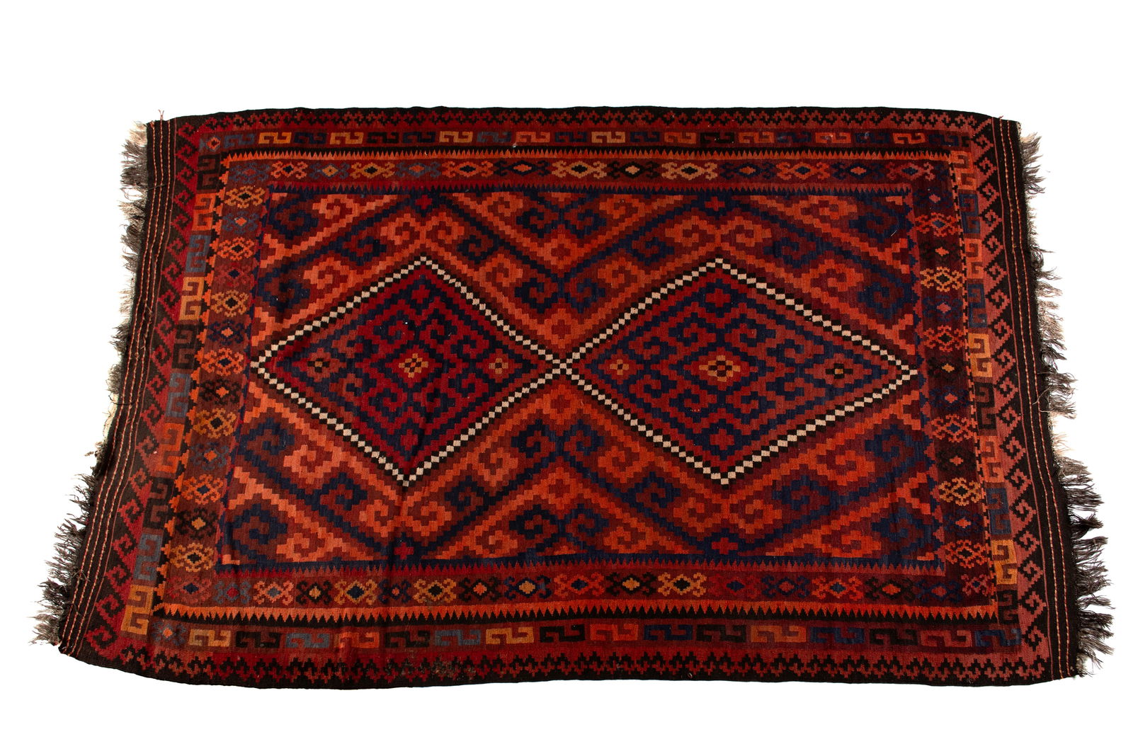 KILIM HALL RUG: KILIM HALL RUG Afghan, 20th century. Geometric forms in shades of red, orange, black, and ivory with multiple borders. 9 ft. 10 in. x 6 ft. 4 in.