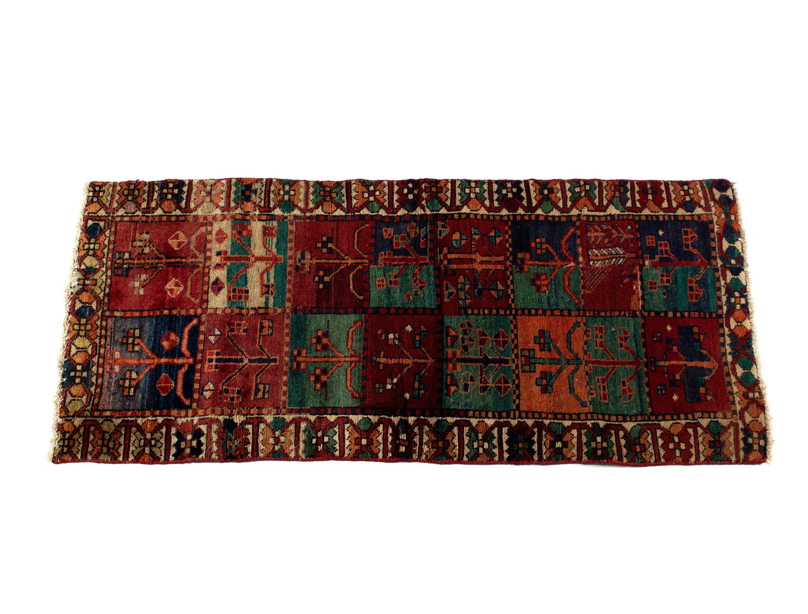 BAKHTIARI AREA RUG: BAKHTIARI AREA RUG Persian, 20th century. Colorful panel design decorated with flowers, ivory border with repetitive floral medallions. 6 ft. 6 in. x 2 ft. 9 in.