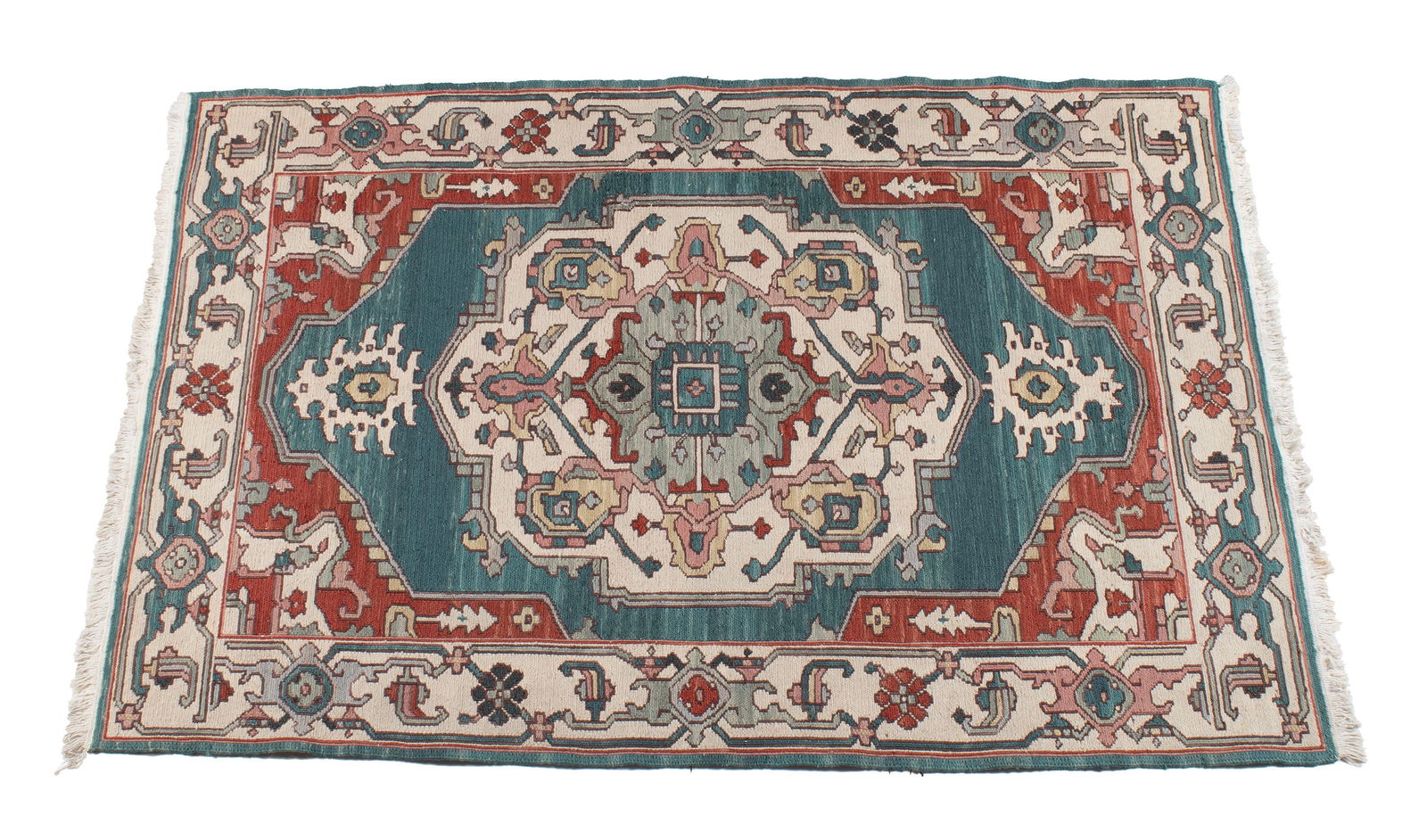 HERIZ DESIGN KILIM AREA RUG: HERIZ DESIGN KILIM AREA RUG Persian, 20th century. Green on ivory medallion centers the forest green field with abrash highlights, with red corners showing ivory highlights, ivory border. 5 ft. 11