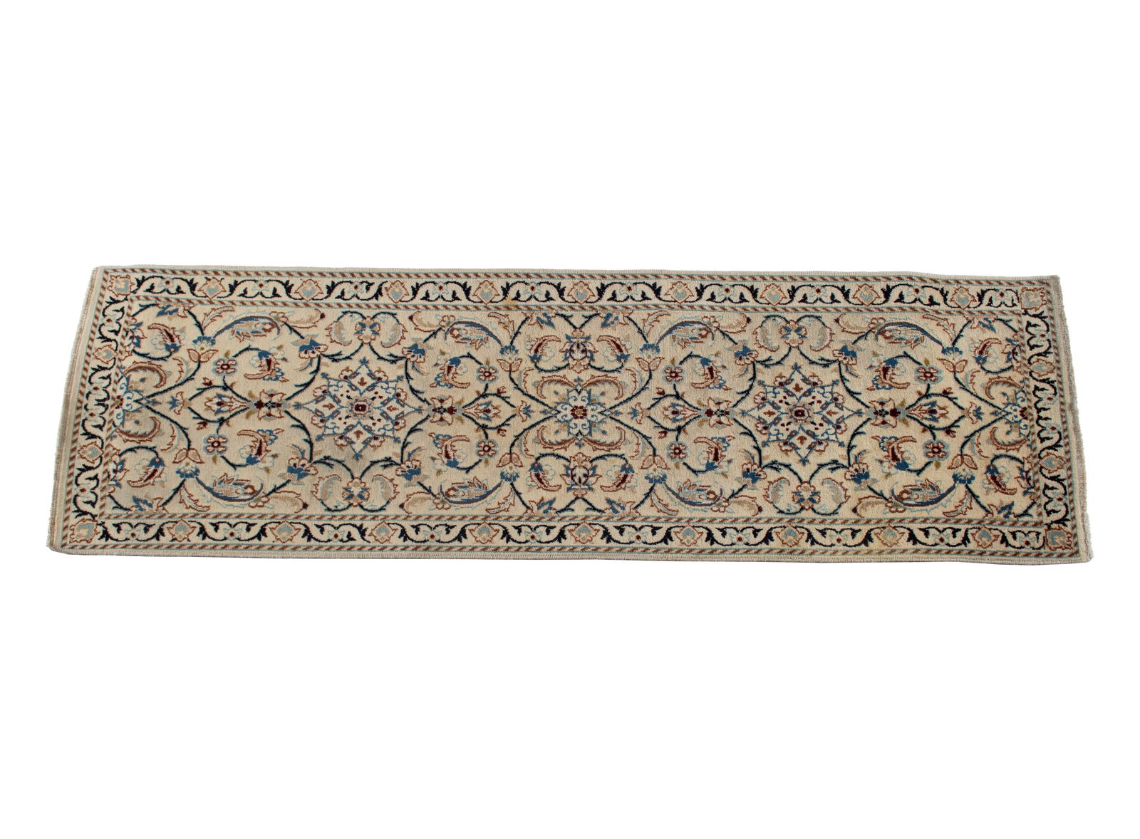 NAIN LONG RUG: NAIN LONG RUG Persian, 20th century, silk highlights. Scrolling foliate vines decorate the ivory field, with matching border showing navy vines. 6 ft. 5 in. x 1 ft. 11 in.