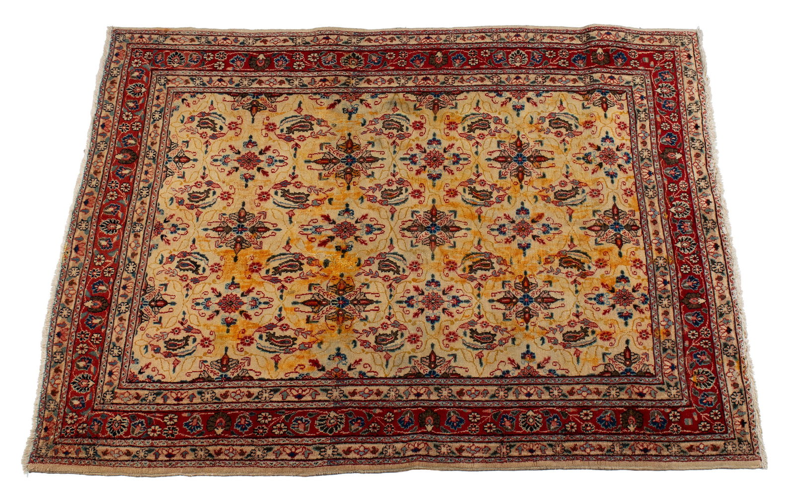 TABRIZ AREA RUG: TABRIZ AREA RUG Persian, 20th century. Repetitive foliate design across the beige field, red border with multiple guard borders. 6 ft. 3 in. x 4 ft. 9 in.