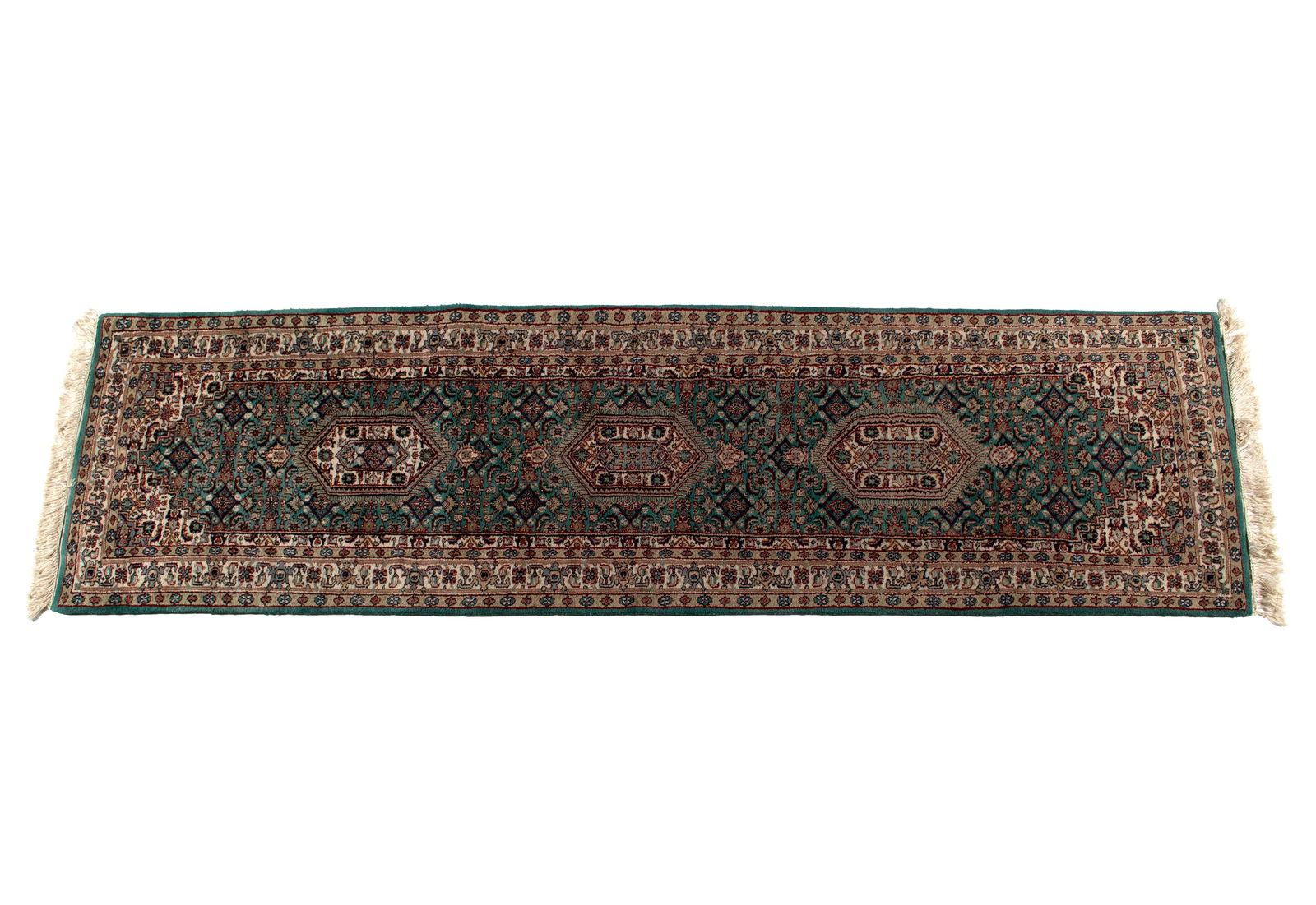 BIDJAR LONG RUG: BIDJAR LONG RUG Indian, 20th century. Three geometric medallions run the floral decorated green field, ivory border with multiple guard borders. 10 ft. x 2 ft. 8 in.