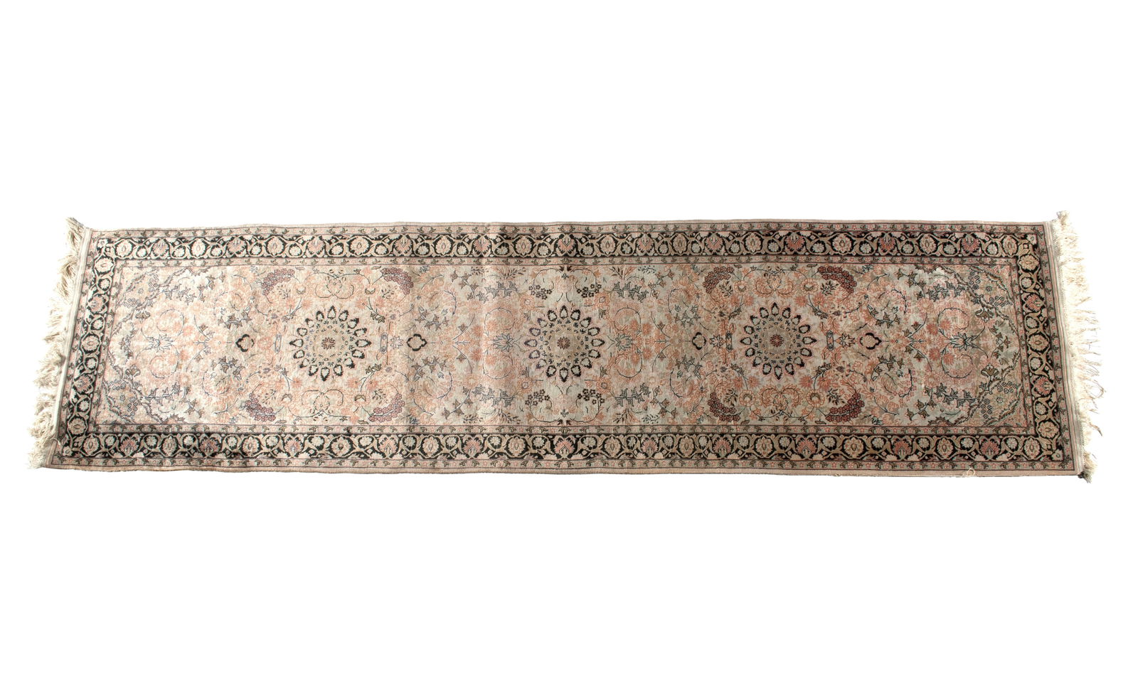 PERSIAN DESIGN LONG RUG: PERSIAN DESIGN LONG RUG Chinese, 20th century, mercerized cotton (silk-like). Soft celadon field decorated with three near-black floral medallions surrounded by scrolling foliate vines, near black