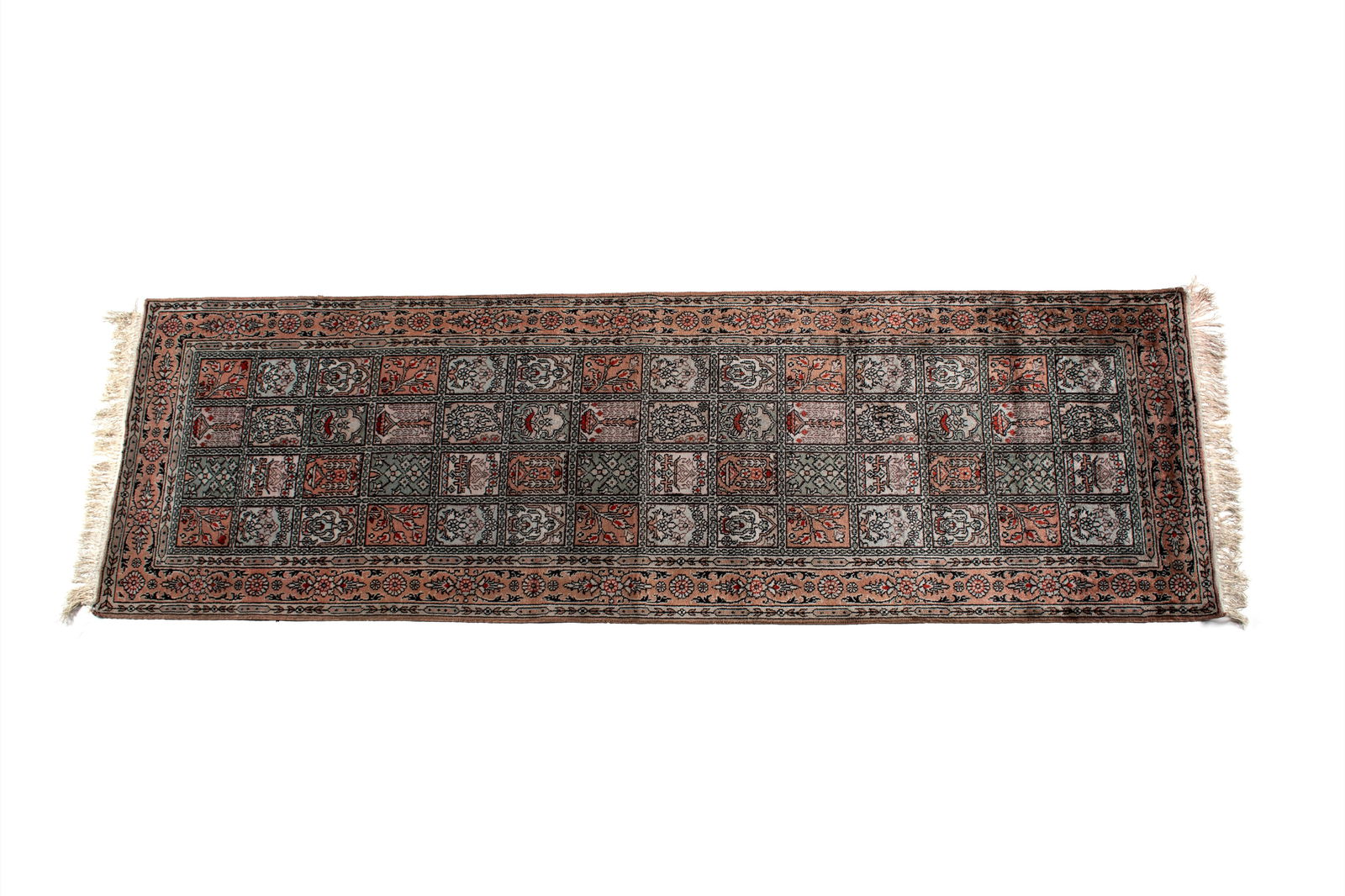 GARDEN PANEL DESIGN LONG RUG: GARDEN PANEL DESIGN LONG RUG Chinese, 20th century, mercerized cotton. Fourteen rows of assorted garden panel designs make up the field, soft red border with guard borders. 7 ft. 11 in. x 2 ft. 5 in.