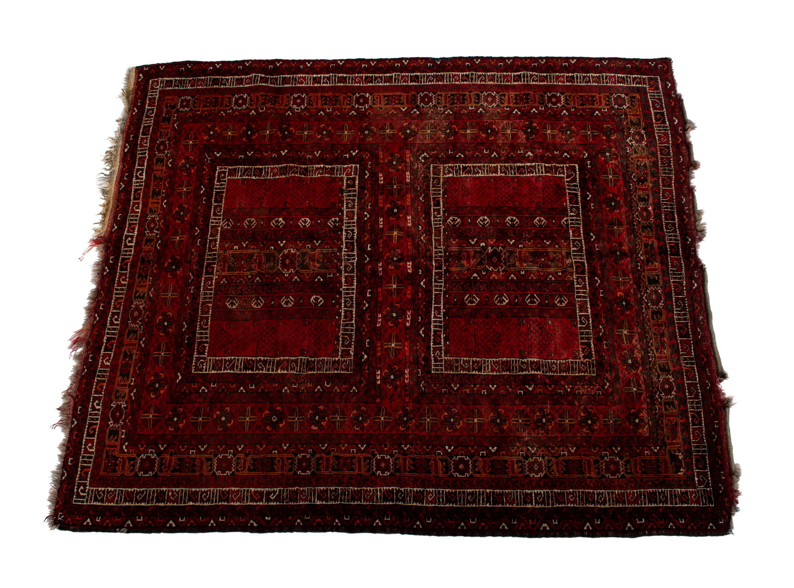 TURKEMAN AREA RUG: TURKEMAN AREA RUG Turkish, early 20th century. Shades of red throughout with two ivory framed panels to the split field, surrounded by multiple borders. 7 ft. x 5 ft. 11 in.