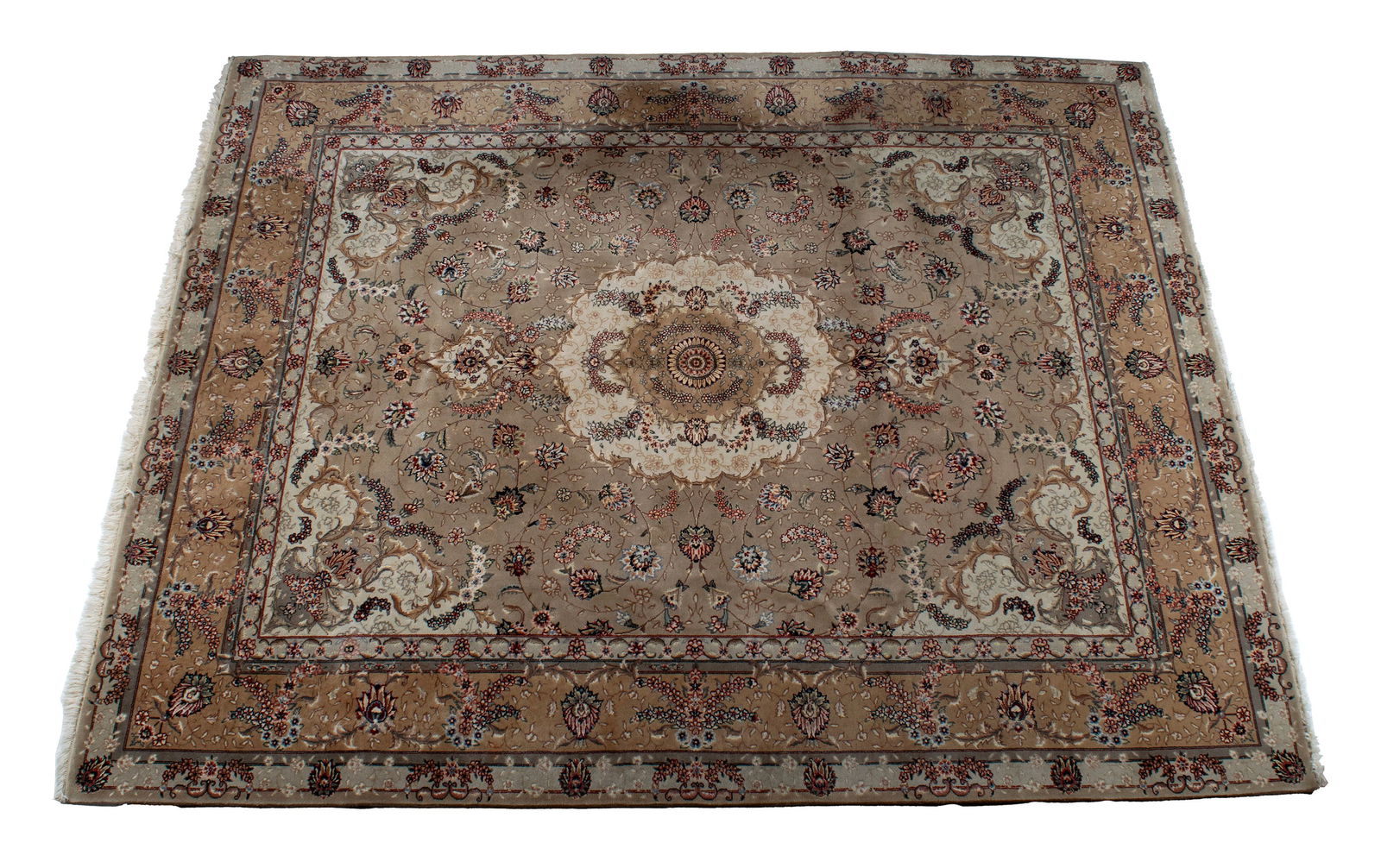 TABRIZ ROOM RUG: TABRIZ ROOM RUG Persian, 20th century. Grey on ivory floral medallion with matching corners around the grey field decorated with foliate filled vines, golden border with guard borders. 10 ft. x 7 ft.