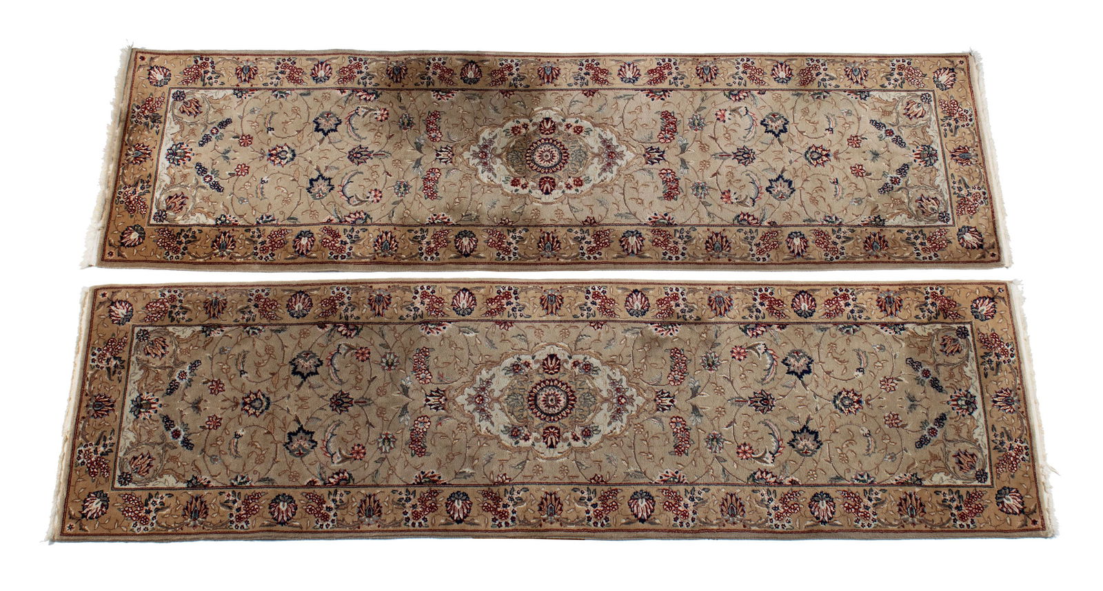 PAIR OF TABRIZ LONG RUGS: PAIR OF TABRIZ LONG RUGS Persian, 20th century. Grey on ivory floral medallions on the grey field decorated with foliate filled vines, flower filled golden border. Each: 8 ft. x 2 ft. 4 in.
