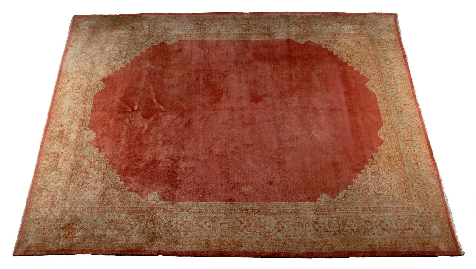 OUSHAK DESIGN LARGE ROOM RUG: OUSHAK DESIGN LARGE ROOM RUG 20th century. With open red field and floral decorated golden corners, with matching golden border and guard borders. 16 ft. x 12 ft. 3 in.