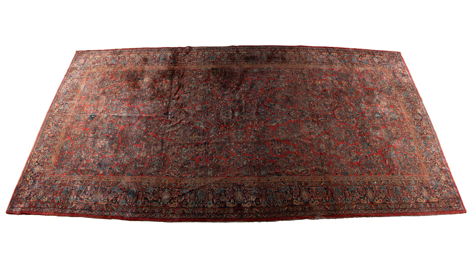 SAROUK PALACE CARPET: SAROUK PALACE CARPET Persian, circa 1930s. Foliate vines and floral bouquets cover the red field, navy border with multiple guard border. 23 ft. 10 in. x 10 ft. 3 in.