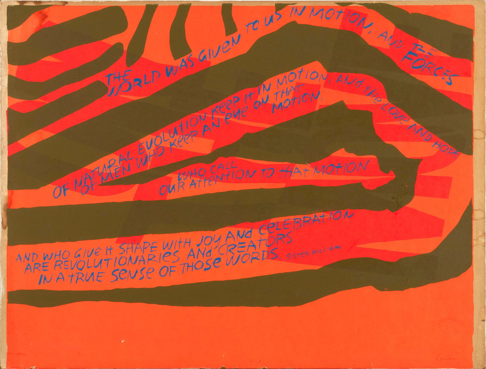 SISTER MARY CORITA KENT (AMERICAN, 1918-1986): Sister Mary Corita KentAmerican, 1918-1986The World Was Given to Us, 1967Serigraph, dry mountedSigned in pencil lower right. Unframed. Archive ID 67-37.Corita was born Frances Elizabeth Kent, i