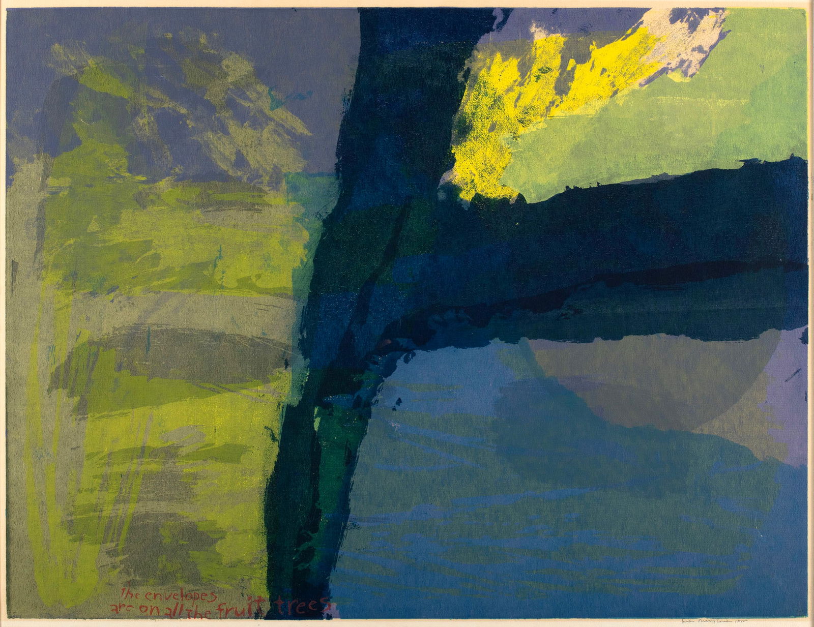 SISTER MARY CORITA KENT (AMERICAN, 1918-1986): Sister Mary Corita KentAmerican, 1918-1986The Envelopes are on all the Fruit Trees, 1961SerigraphSigned in ink lower right. Framed. Archive ID 61-04.Corita was born Frances Elizabeth Kent, in I