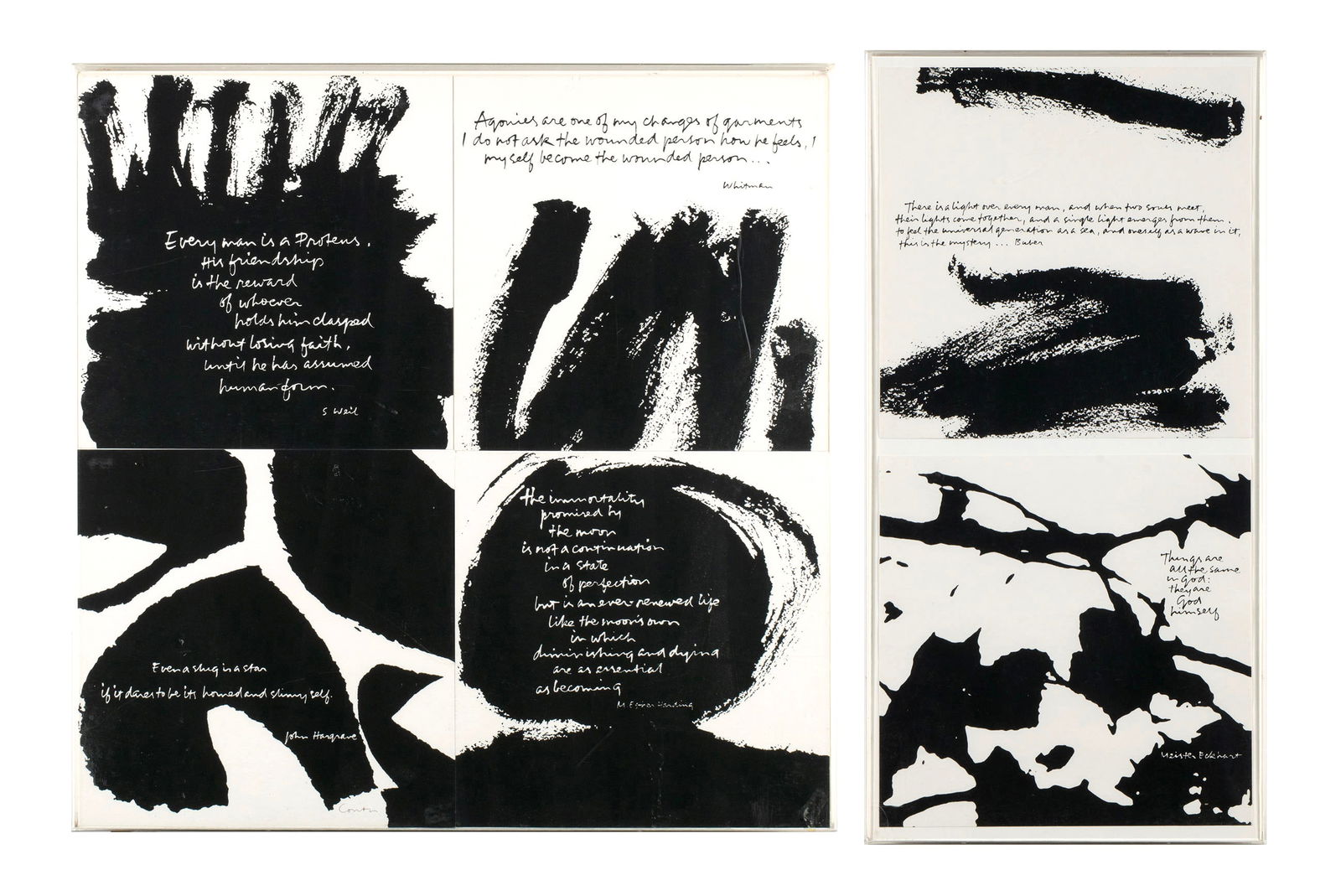 SISTER MARY CORITA KENT (AMERICAN, 1918-1986): Sister Mary Corita KentAmerican, 1918-1986Six Works, 1976SerigraphOne (1) signed. Six (6) works including 'Agonies', 'The immortality of the moon', 'Even a slug', 'There is a light', 'Things are', and