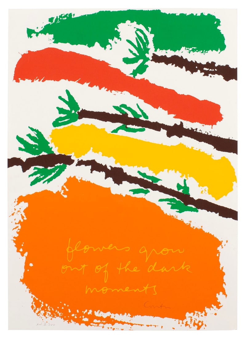 SISTER MARY CORITA KENT (AMERICAN, 1918-1986): Sister Mary Corita KentAmerican, 1918-1986Flowers Grow, 1977SerigraphSigned lower right, editioned 'II 200' lower left and numbered with Archive ID 77-2 to verso. From the Moments series. Unframed.