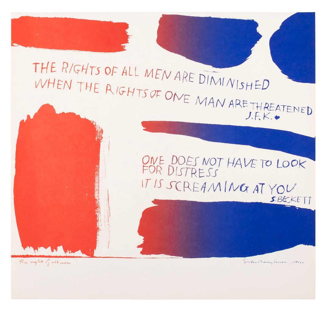 SISTER MARY CORITA KENT (AMERICAN, 1918-1986): Sister Mary Corita KentAmerican, 1918-1986The Rights of All MenSerigraphSigned in print. Unframed.Corita was born Frances Elizabeth Kent, in Iowa, in 1918, but grew up primarily in Los Angeles.