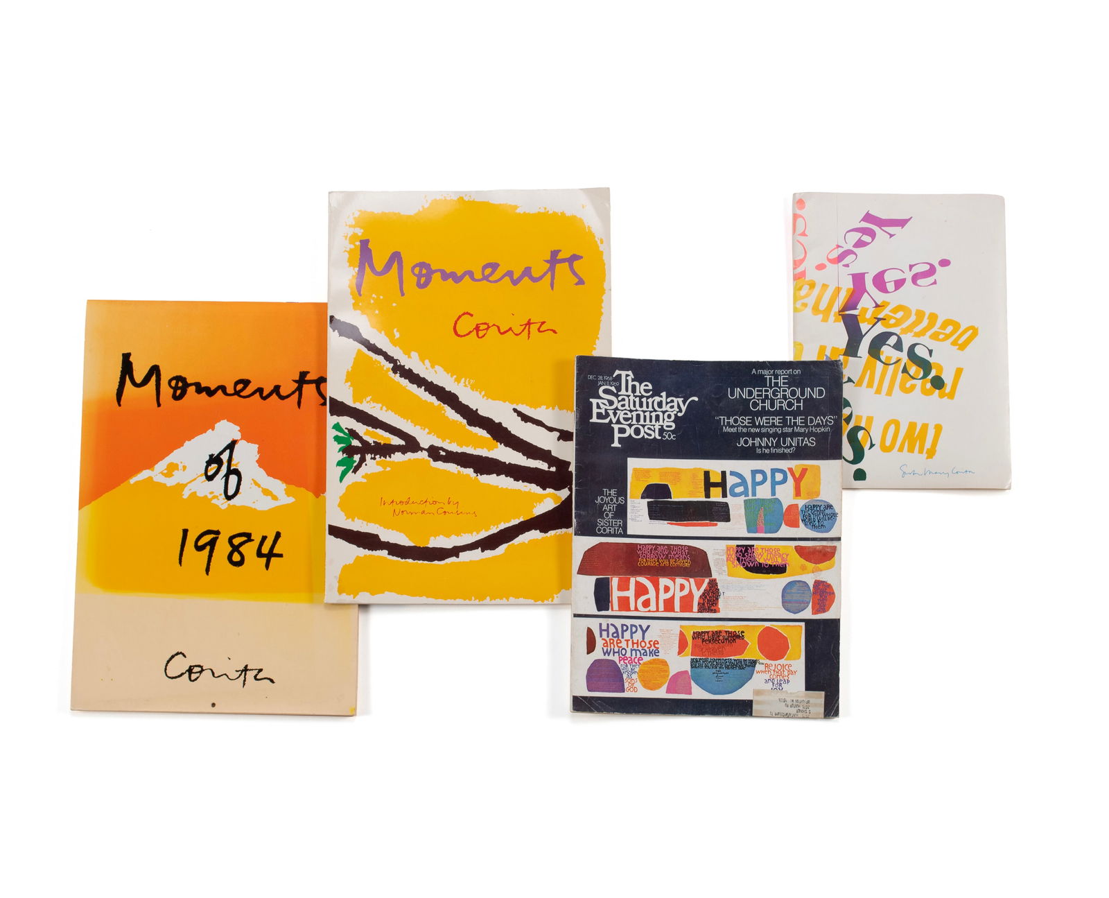 FOUR SISTER CORITA KENT PUBLICATIONS: FOUR SISTER CORITA KENT PUBLICATIONSIncluding a signed 1984 'Moments' calendar, 'Moments' with introduction by Norman Cousins, Beacon Press, 1982, a 1968/69 edition of The Saturday Evening Post featur