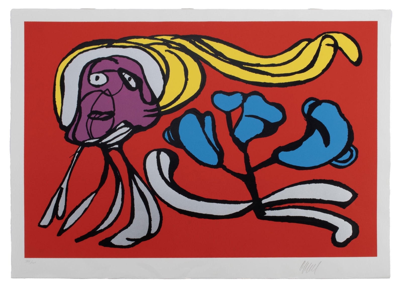KAREL APPEL (DUTCH, 1921-2006): Karel AppelDutch, 1921-2006Floating Flower Passion (Red)ScreenprintSigned in pencil lower right and numbered XXV/XXV lower left. Stamped 'London Arts Inc, 1977' to verso, unframed.29 1/2 x 40 1/2 in.
