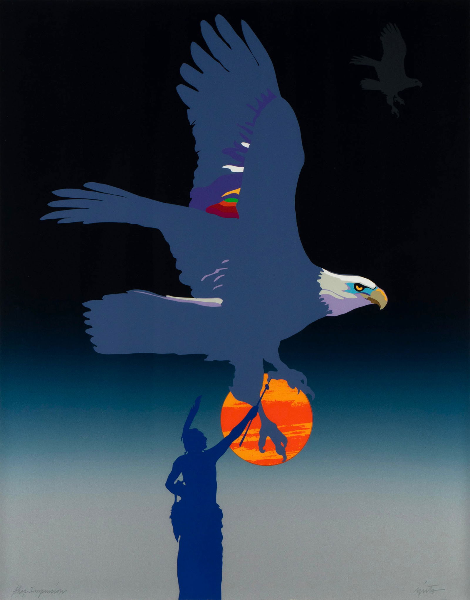 JOHN NIETO (AMERICAN, 1936-2018): John NietoAmerican, 1936-2018Spirit of the EagleScreenprintSigned lower right, noted 'Shop Impression' lower left. Framed.John Nieto lived and worked in Corrales, New Mexico, on the banks of th