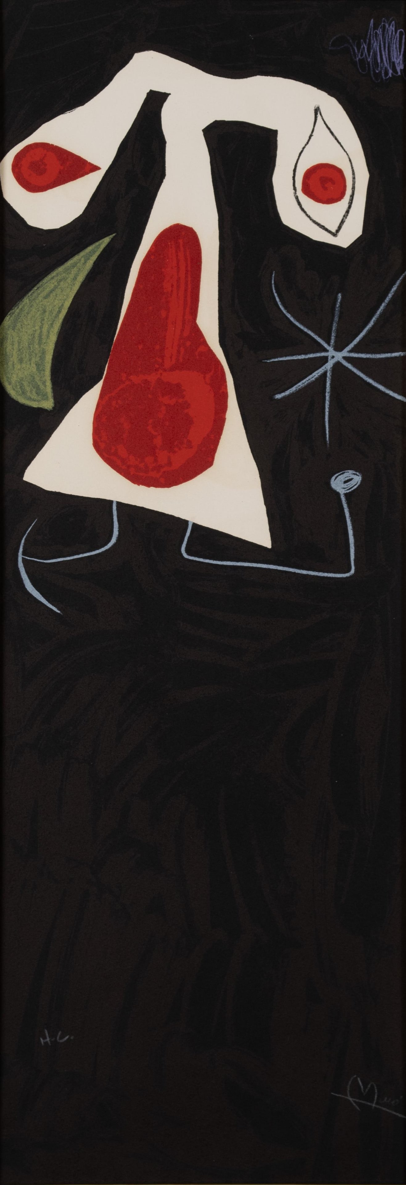 JOAN MIRO (SPANISH, 1893-1983): Joan MiroSpanish, 1893-1983Les Penalites de I'Enfer ou Les Nouvelles-Hebrides 12Aquatint and carborundumSigned and marked "H. C." (Hors Commerce) in white pencil. Matted and framed.Sheet: 29 1/2 x 10