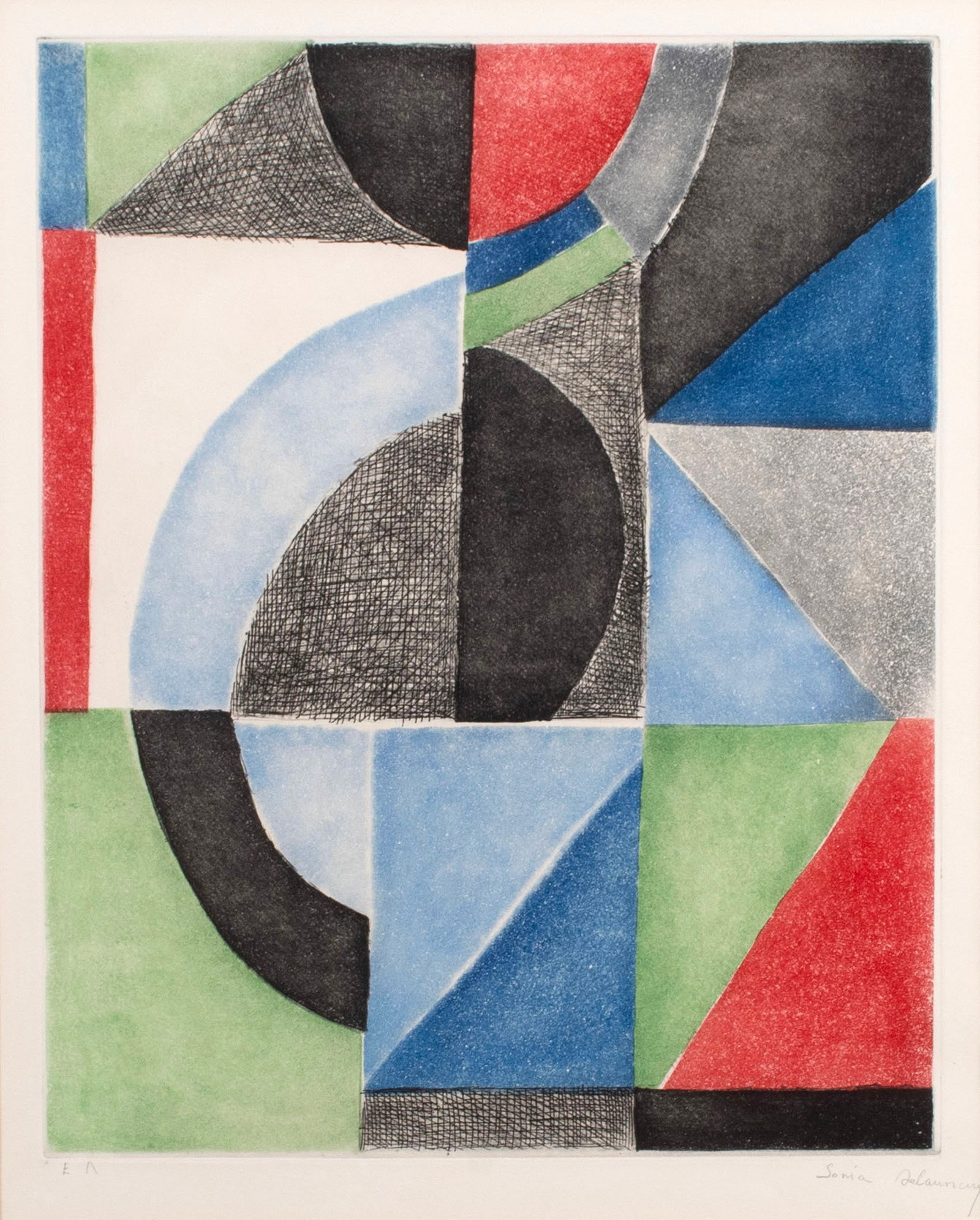 SONIA DELAUNAY (FRENCH, 1885-1979): Sonia DelaunayFrench, 1885-1979Plate 9 from the suite 'Avec moi-meme'Etching and aquatintSigned in pencil lower right, noted 'EA' lower left. Matted.Plate: 19 1/2 x 15 1/2 in. (49.5 x 39.4 cm.), Mat: