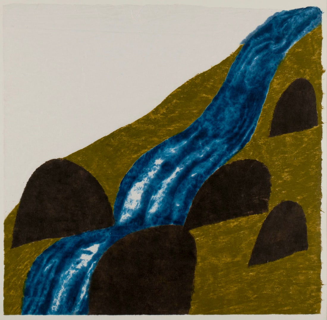 CAROL SUMMERS (AMERICAN, 1925-2016): Carol SummersAmerican, 1925-2016Summer PastureWoodcutSigned, titled, and numbered 58/150 over two black areas. Modern image in gold, blue, and black, framed.Sheet: 24 1/2 x 25 in. (62.2 x 63.5 cm.),