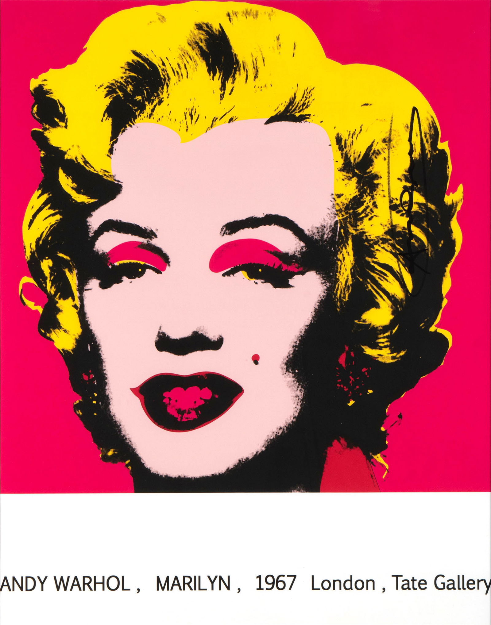ANDY WARHOL SIGNED 1967 'MARILYN' POSTER: ANDY WARHOL SIGNED 1967 'MARILYN' POSTERLondon, Tate Gallery exhibition poster featuring Warhol's Marilyn Monroe portrait. Signed in black marker to the right side in Monroe's hair, framed.Sight: 27 3
