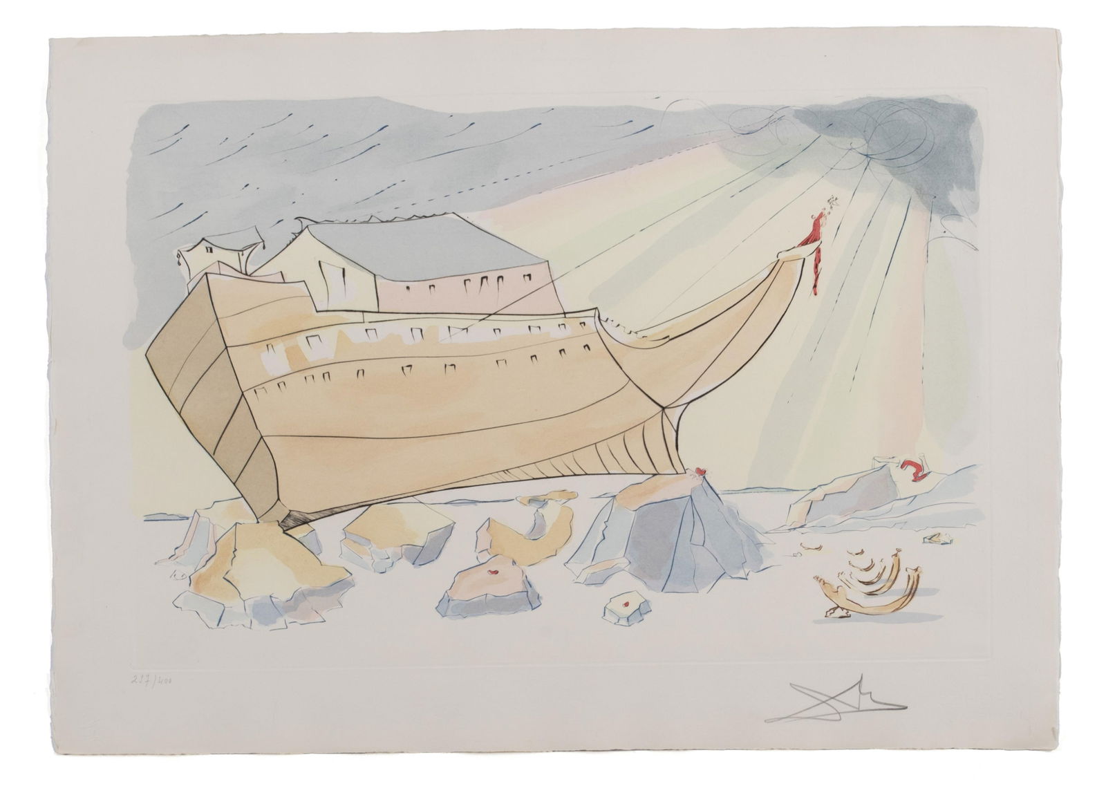 SALVADOR DALI (SPANISH, 1904-1989): Salvador Dali Spanish, 1904-1989 Noah's Ark, from 'Our Historical Heritage' suite Etching with stencil coloring Signed in pencil lower right and numbered 237/400 lower left. Unframed. Sheet: 19 3/4 x