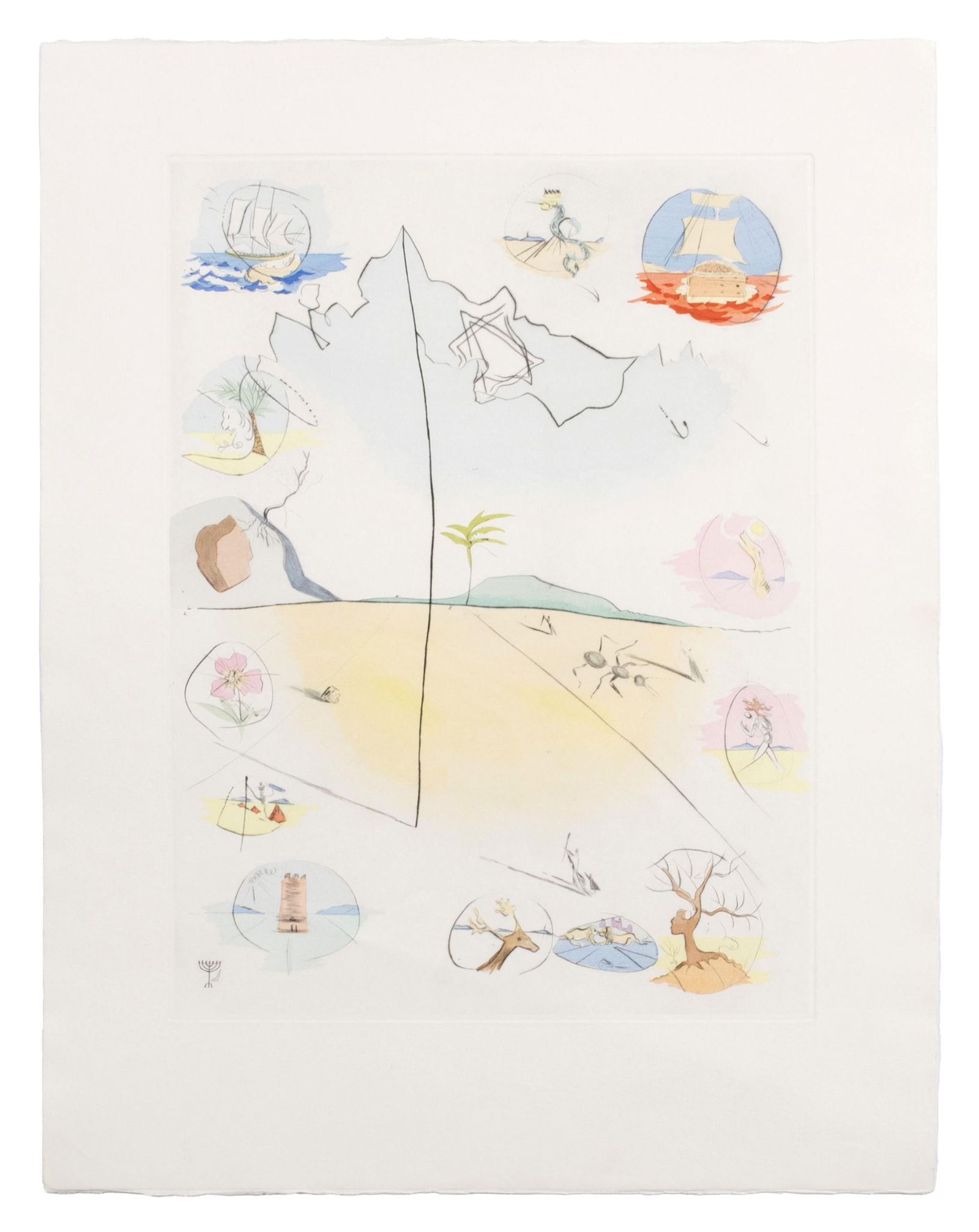 SALVADOR DALI (SPANISH, 1904-1989): Salvador DaliSpanish, 1904-1989Frontispiece, Twelve Tribes of IsraelEtching on Arches paperUnsigned, with menorah symbol in plate lower left. Unframed.Plate: 19 1/2 x 14 1/4 in. (49.5 x 36.2 cm.), Sh