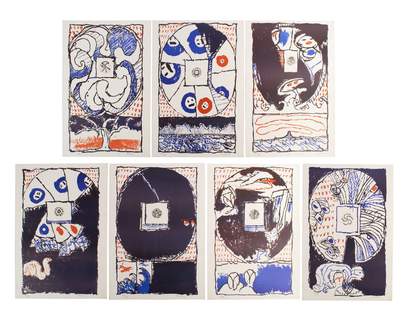 PIERRE ALECHINSKY (BELGIAN, B. 1927): Pierre AlechinskyBelgian, b. 1927Windows Series, Seven WorksLithographEach signed lower right and numbered 42/99 lower left. Published by London Arts Group with blind stamp lower left, unframed.40 x 2
