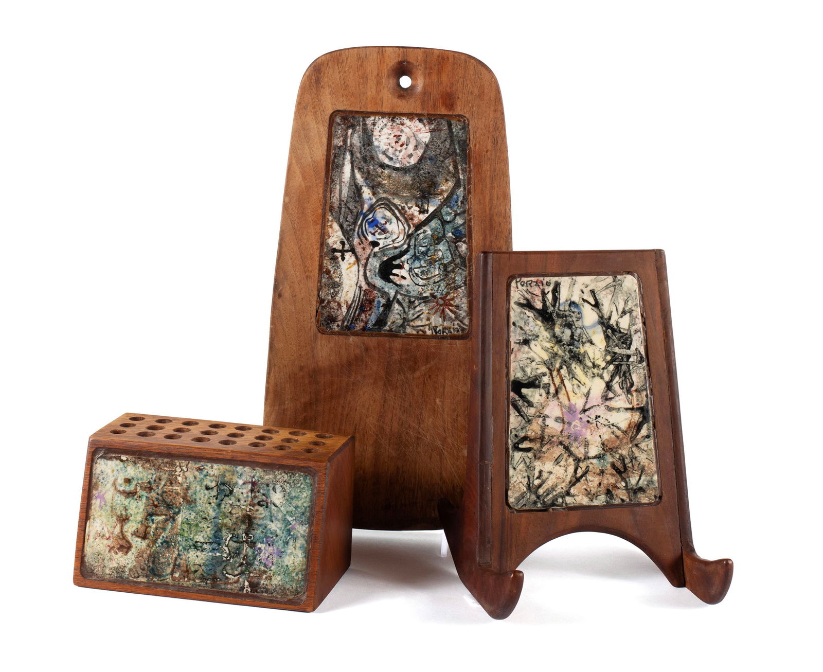 LEE PORZIO (AMERICAN, 1913-2004) AND ALLEN DITSON (AMERICAN, 1918-2017) GROUP OF THREE WORKS: LEE PORZIO (AMERICAN, 1913-2004) AND ALLEN DITSON (AMERICAN, 1918-2017) GROUP OF THREE WORKSAmerican, circa 1964-1966, artist inscribed walnut and ceramic tile. Including a cheese tray with inset tile