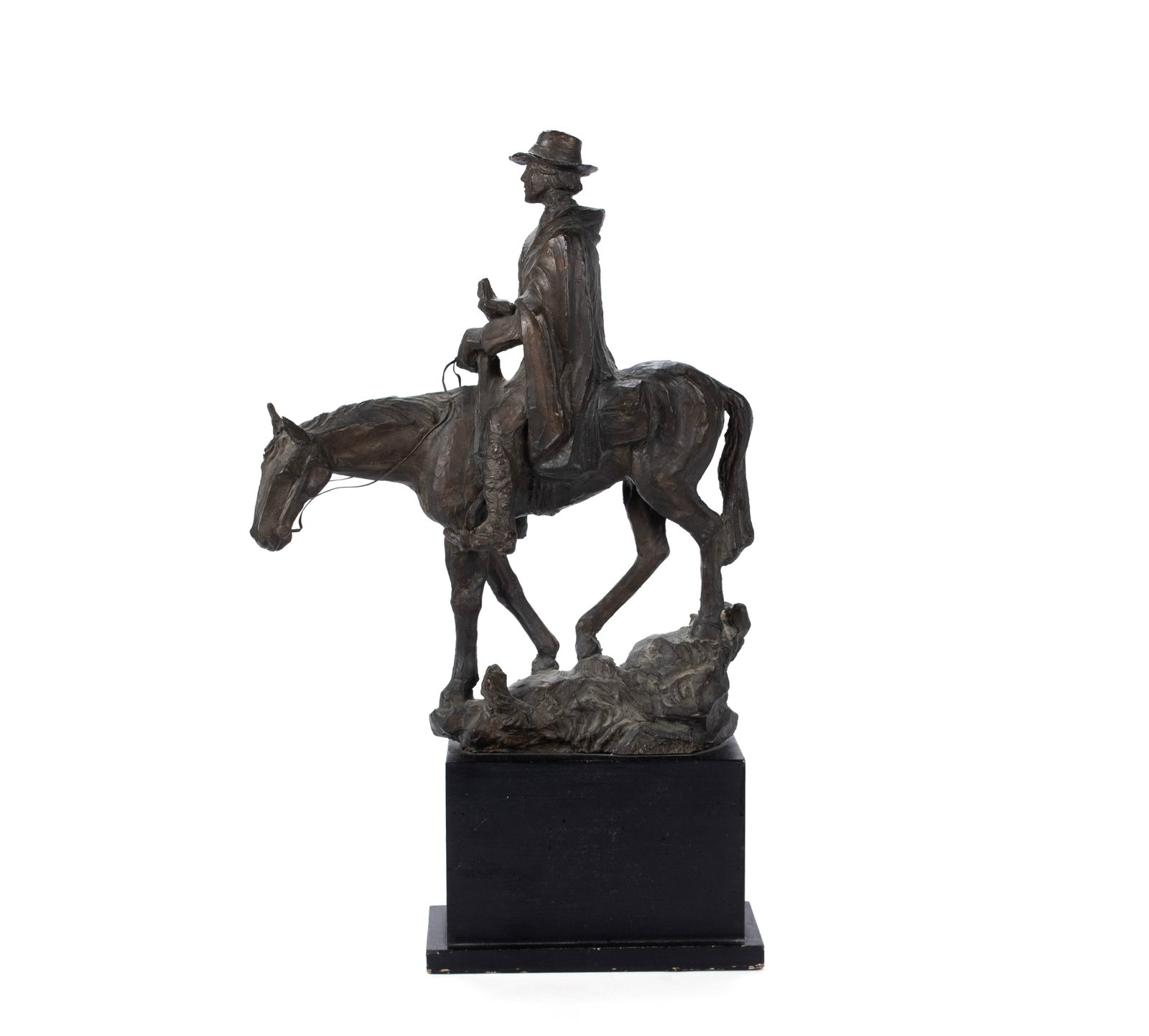 (NEWELL) HILLIS ARNOLD (AMERICAN, 1906-1988): (Newell) Hillis Arnold American, 1906-1988 Bronze Signed in the cast. Man on horseback, on a wooden base. 24 1/2 x 5 1/2 x 15 in. (62.2 x 14 x 38.1 cm.)