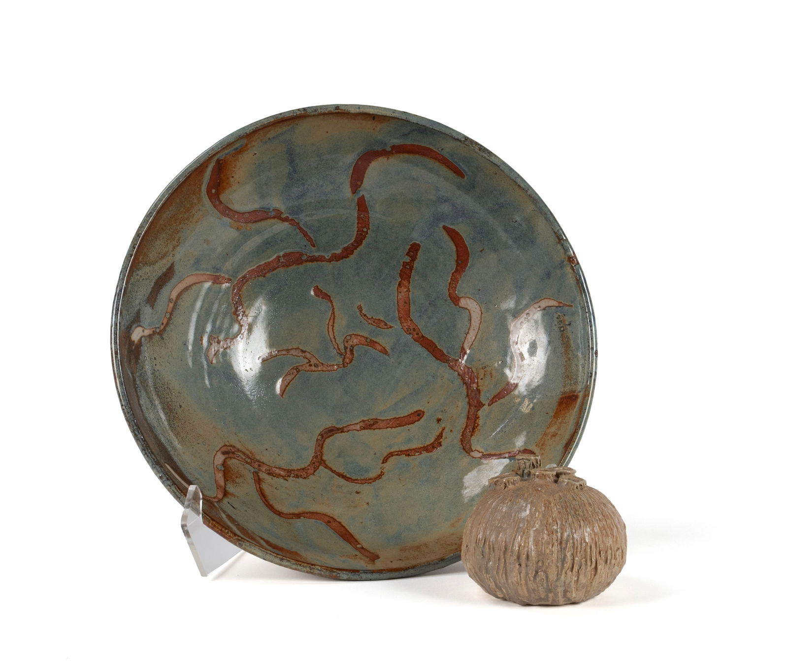 GARE STUDIO POTTERY BOWL AND CERAMIC VASE: GARE STUDIO POTTERY BOWL AND CERAMIC VASE 20th century. Gare centerpiece bowl with abstract brown lines across the soft green ground, signed to the bottom. Together with a multi-spouted globular