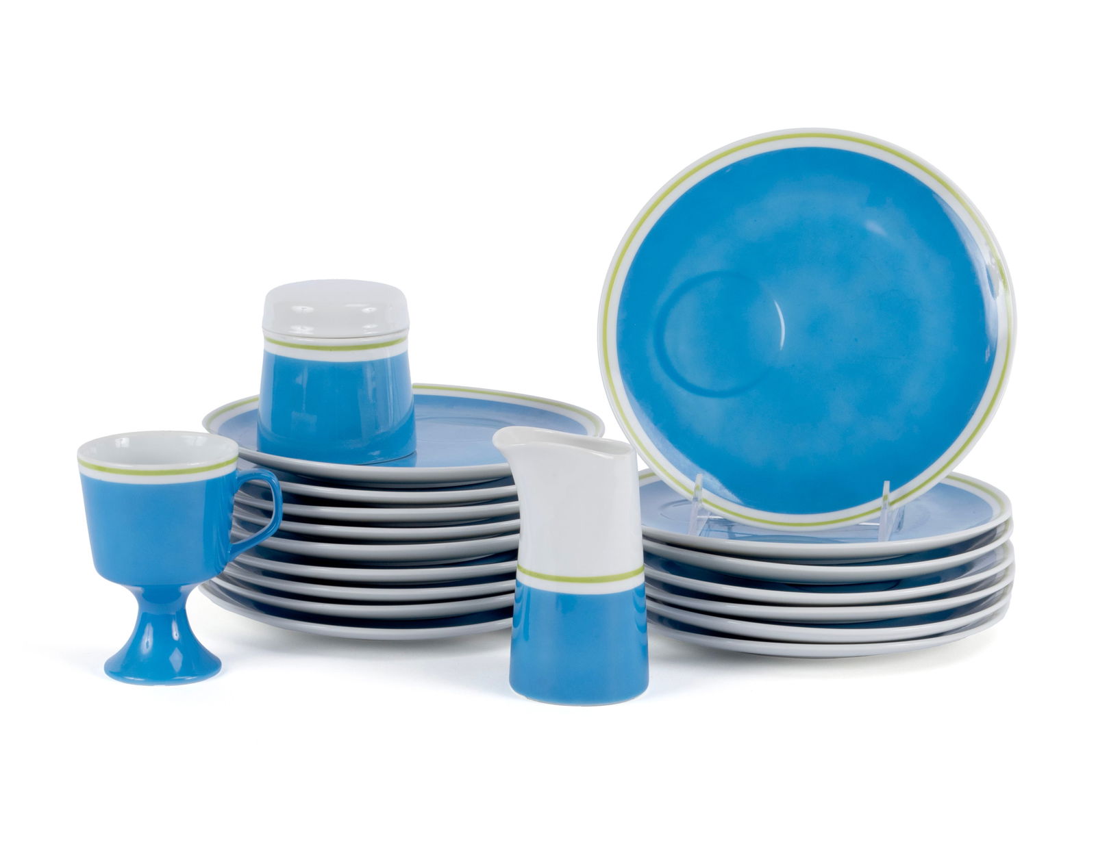 LAGARDO TACKETT FOR SCHMID INTERNATIONAL PORCELAIN SET (34): LAGARDO TACKETT FOR SCHMID INTERNATIONAL PORCELAIN SET (34) Boston, MA, mid 20th century. Thirty-four (34) piece dessert set including sixteen (16) plates, sixteen (16) mugs, one (1) creamer, and one