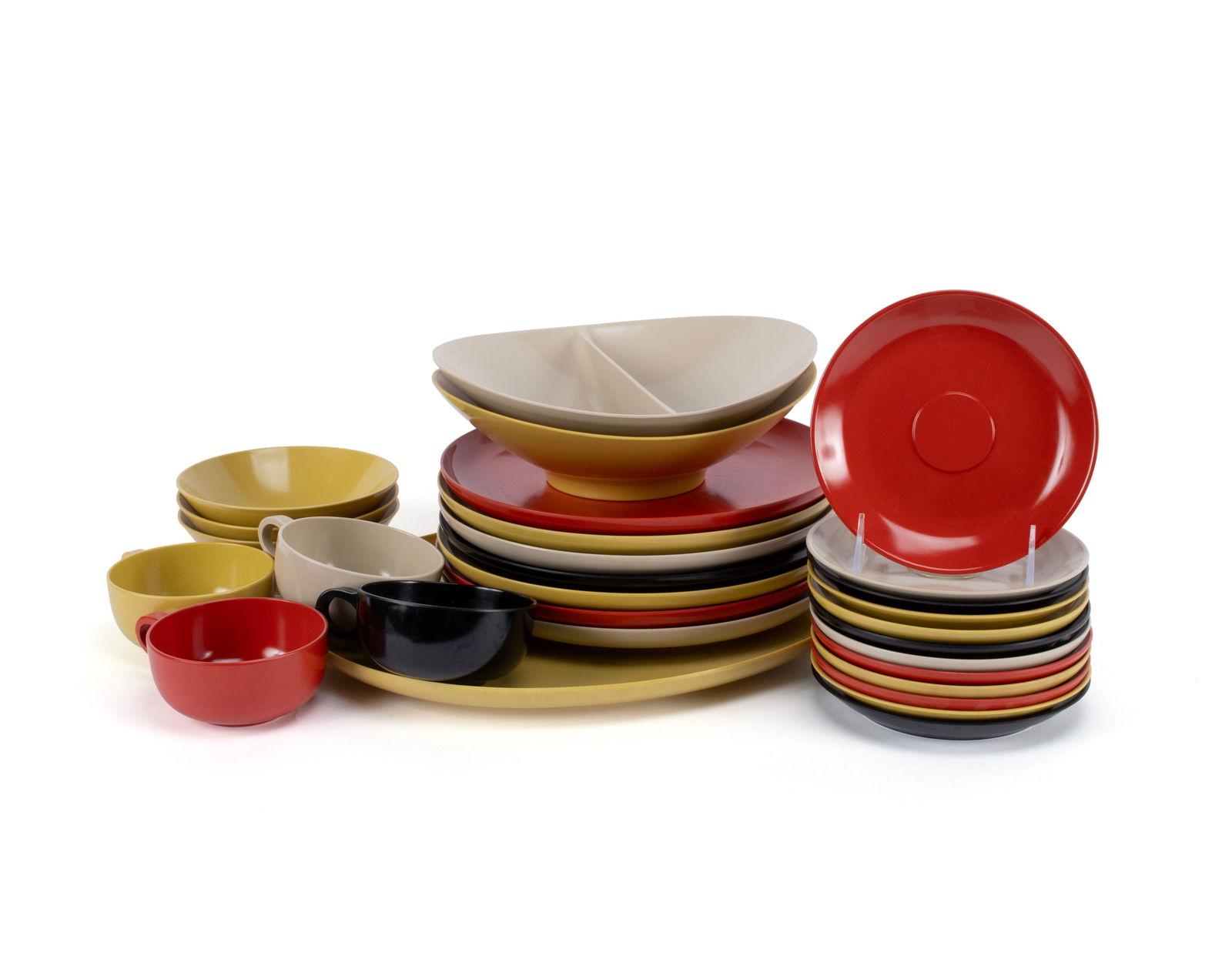 GEORGE NELSON & ASSOCIATES 'FLORENCE' DINNERWARE: GEORGE NELSON & ASSOCIATES 'FLORENCE' DINNERWARE Designed by Irving Harper (1916-2015) for Prolon, Florence, MA, mid 20th century. Set of melamine dinnerware, twenty-nine (29) pieces total in each of