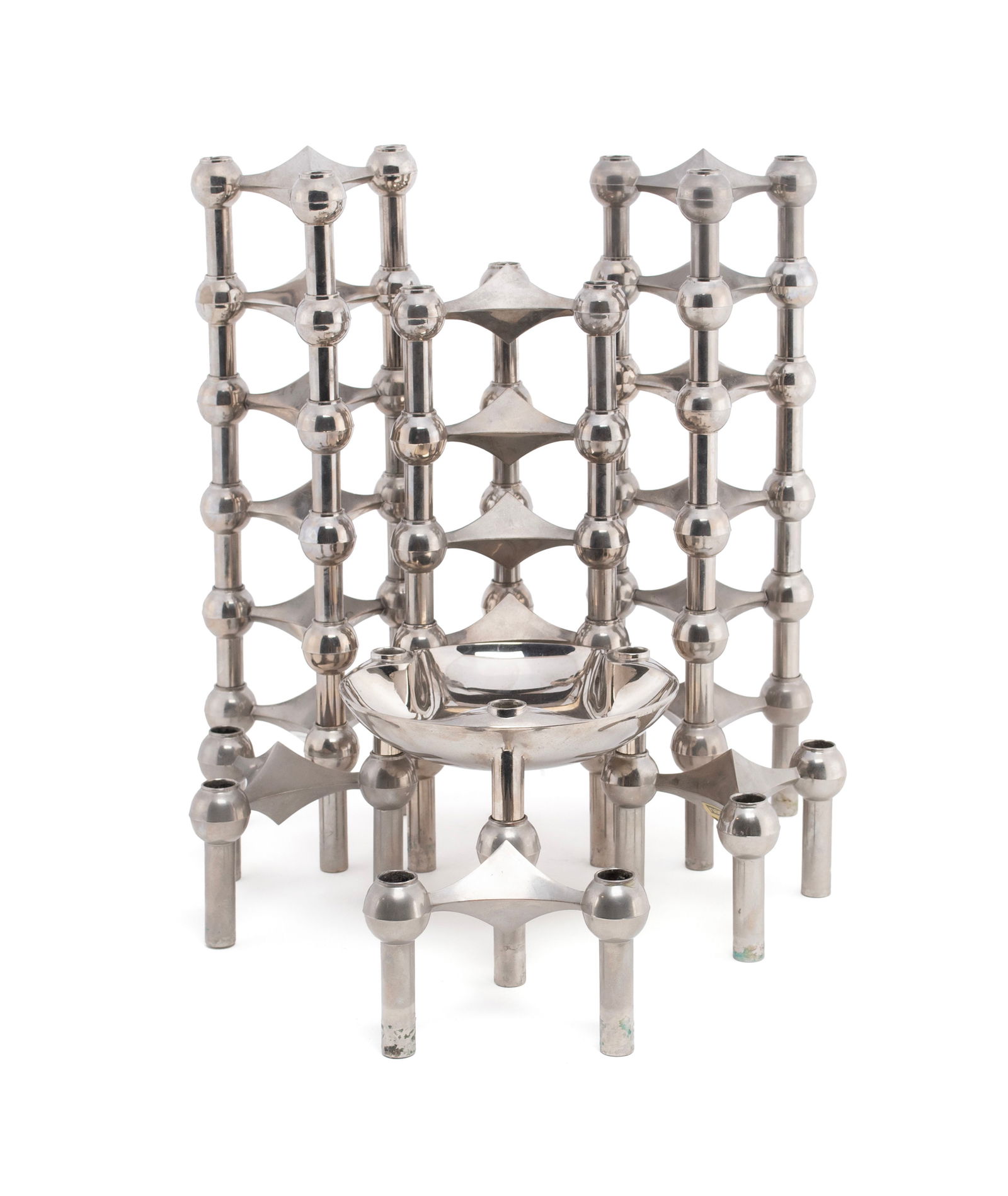 STOFF & NAGEL MODULAR STACKING CANDLE HOLDERS: STOFF & NAGEL MODULAR STACKING CANDLE HOLDERS Designed by Werner Stoff and Hans Nagel, West German, late 1960s, nickel plated brass. Twenty (20) modular three-light candle holders and one (1)