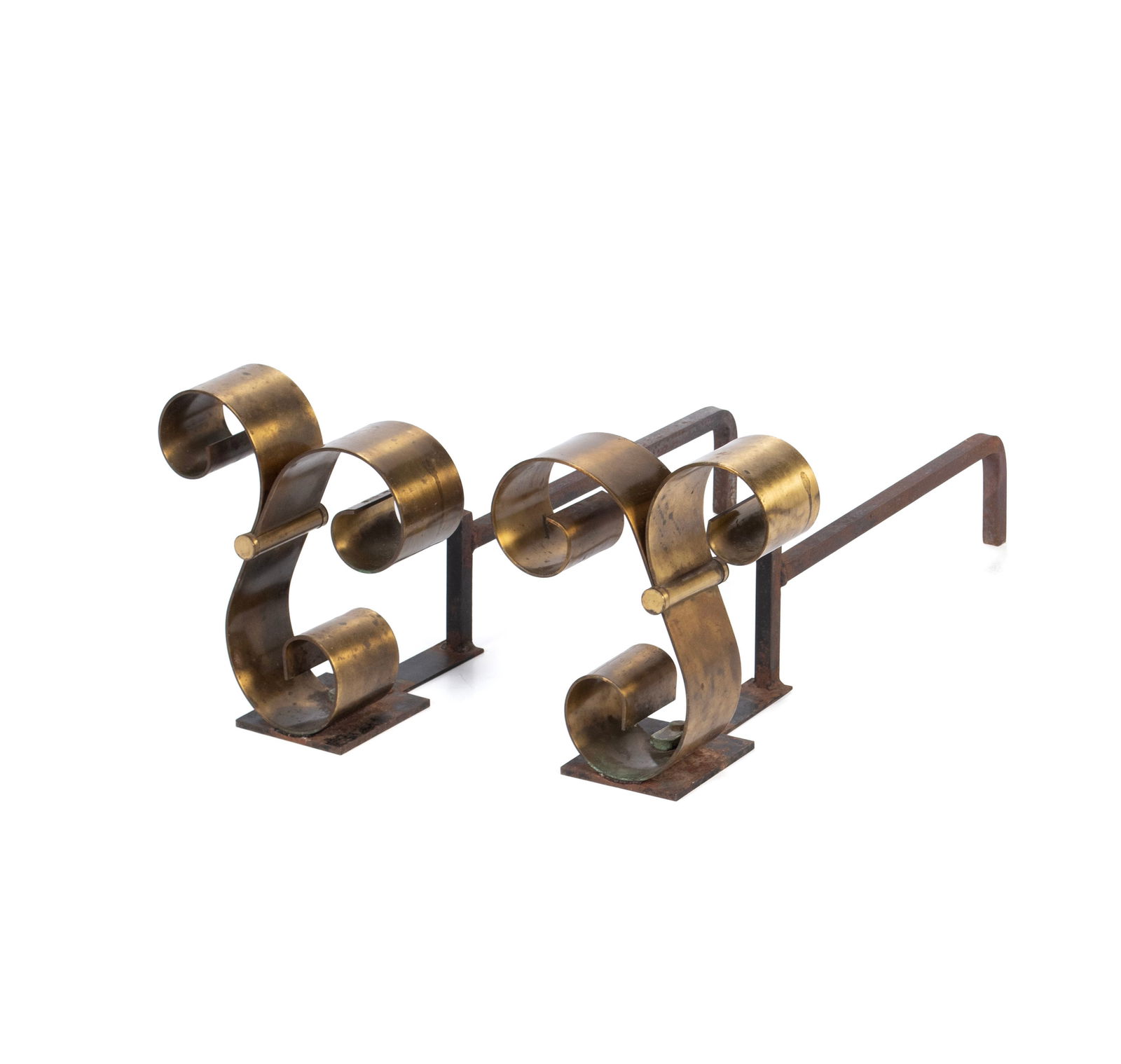 PAIR OF ART DECO STYLE ANDIRONS: PAIR OF ART DECO STYLE ANDIRONS Mid 20th century. Bronze and steel scrolled andirons, unmarked. Each: 10 1/2 x 9 1/4 x 24 in. (26.7 x 23.5 x 61 cm.)