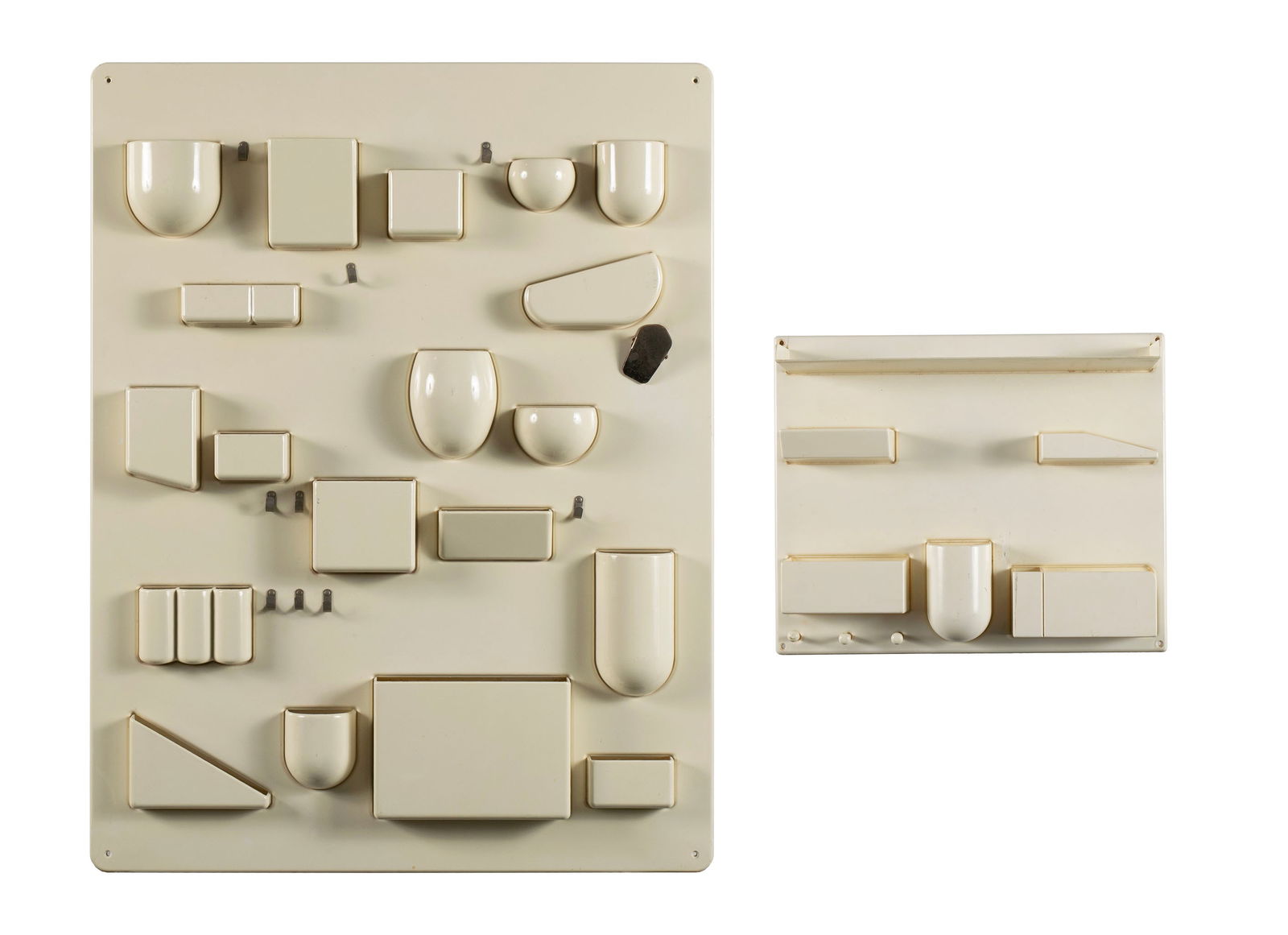 TWO 'WALL-ALL' ORGANIZERS: TWO 'WALL-ALL' ORGANIZERS Designed by Dorothee Maurer-Becker (German, 1938-2023), 1969. Models I and III, off-white plastic pockets, on a plastic backing board. Larger: 34 x 26 1/4 in. (86.4 x 66.7