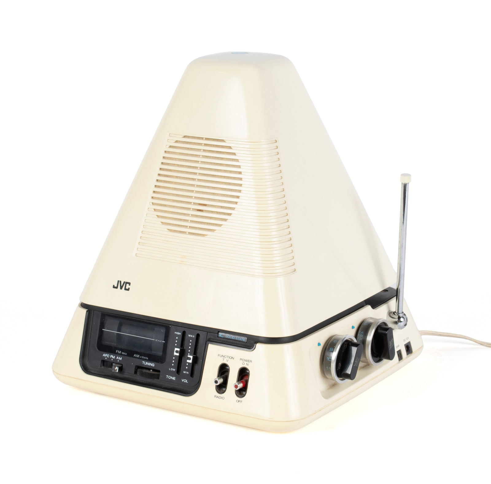 JVC 'VIDEO CAPSULE' TV/RADIO: JVC 'VIDEO CAPSULE' TV/RADIO Model 3100R, designed and manufactured by JVC (Japan Victor Company) in Yokohama, Japan, 1972. Black-and-white television with integrated AM/FM radio, with pyramid top