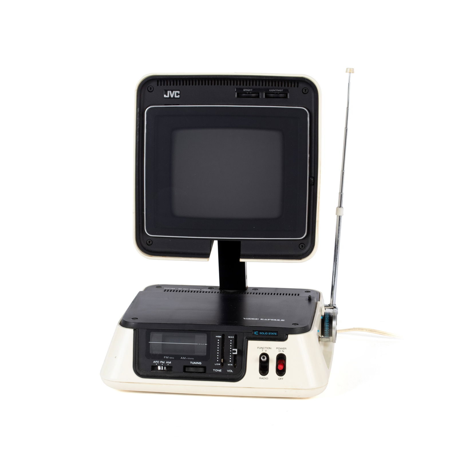 JVC 'VIDEO CAPSULE' TV/RADIO: JVC 'VIDEO CAPSULE' TV/RADIO Model 3100R, designed and manufactured by JVC (Japan Victor Company) in Yokohama, Japan, 1972. Black-and-white television with integrated AM/FM radio, with pyramid top