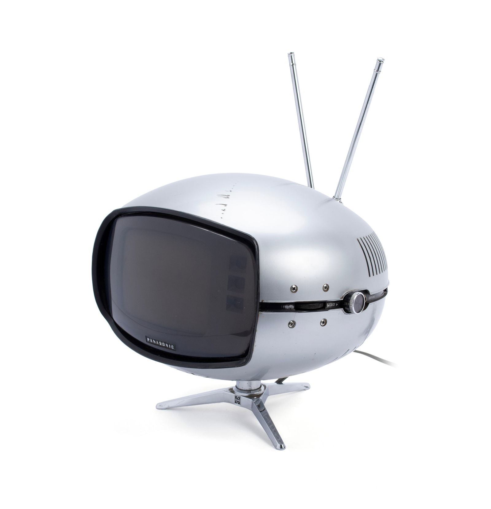 PANASONIC 'ORBITEL' TELEVISION: PANASONIC 'ORBITEL' TELEVISION Model TR-005, designed and manufactured by the Matsushita Electric Industrial Co. in Osaka, Japan, under the Panasonic brand, circa 1972. Silvered-plastic oval on