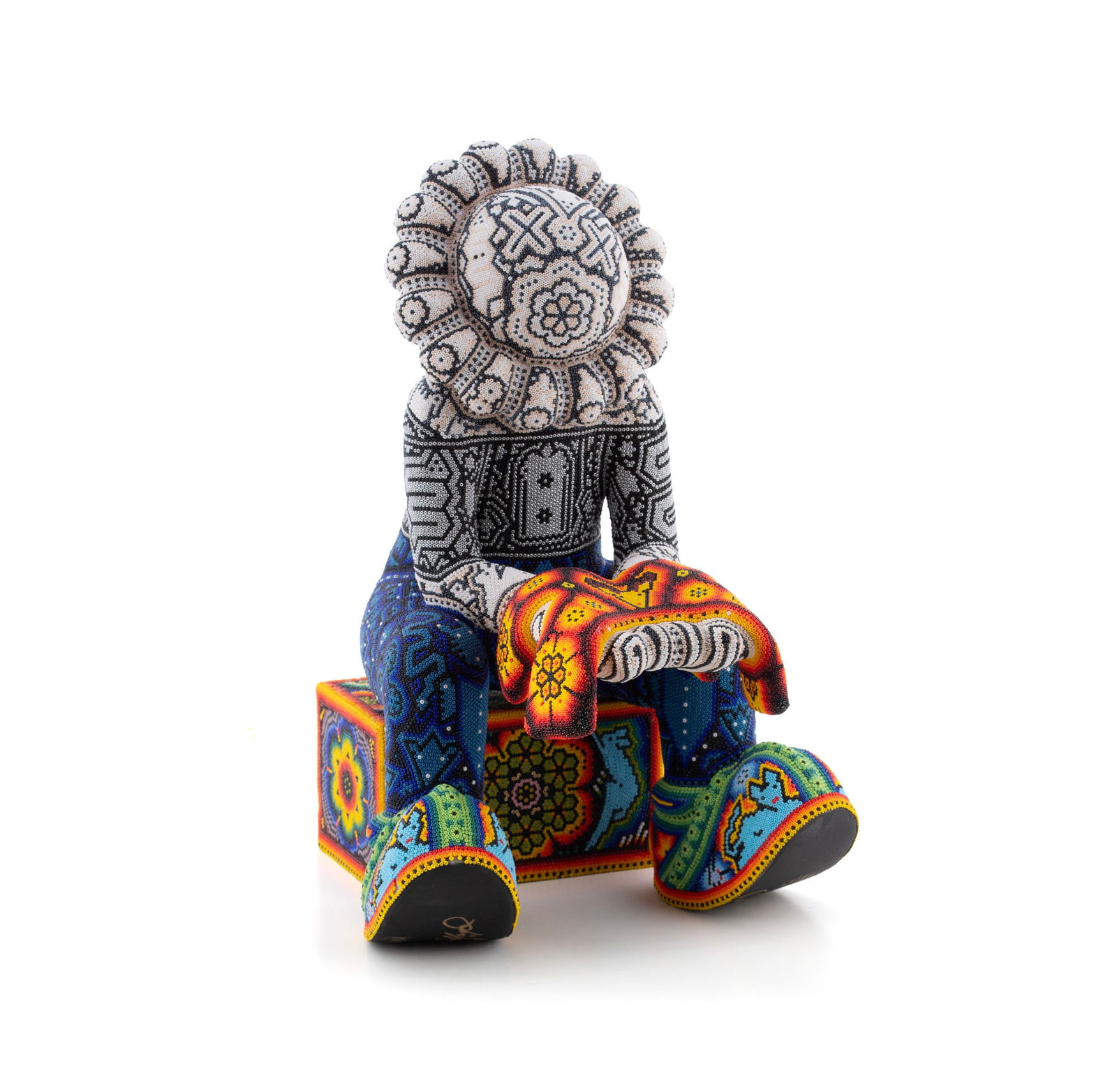 RICK WOLFRYD (AKA CHROMA) (AMERICAN, B. 1953): Rick Wolfryd (aka Chroma) American, b. 1953 X Man, Parts 1 and 2 Colored glass beaded resin Signed, titled, dated 2026 and marked "AP" on underside of both sections. Huichol style bead work figure.