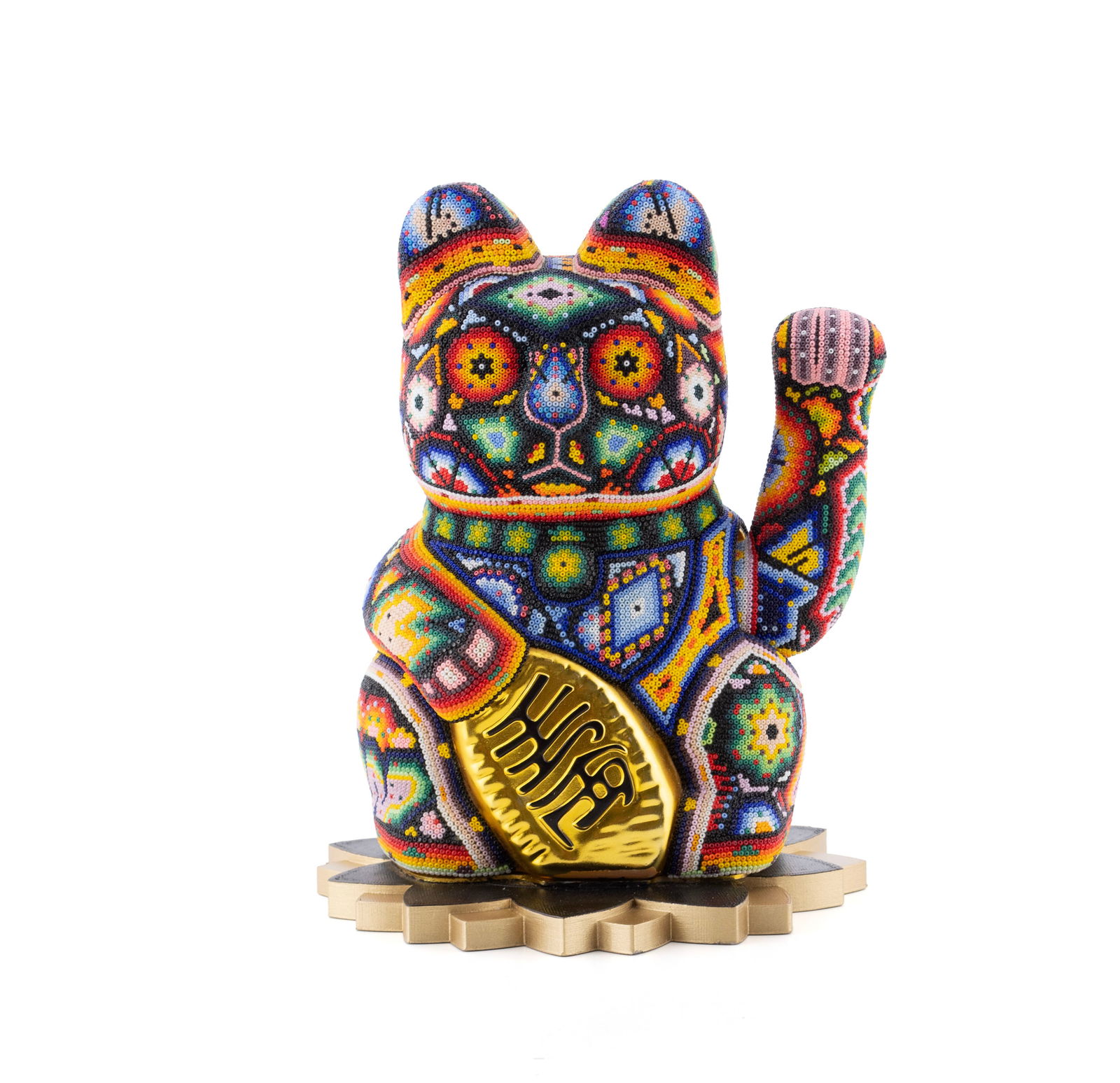 RICK WOLFRYD (AKA CHROMA) (AMERICAN, B. 1953): Rick Wolfryd (aka Chroma) American, b. 1953 Money Cat Colored glass beaded resin Signed, titled, dated 2024 and marked "AP" on underside. Huichol style bead work figure. 11 x 9 in. (27.9 x 22.9 cm.)