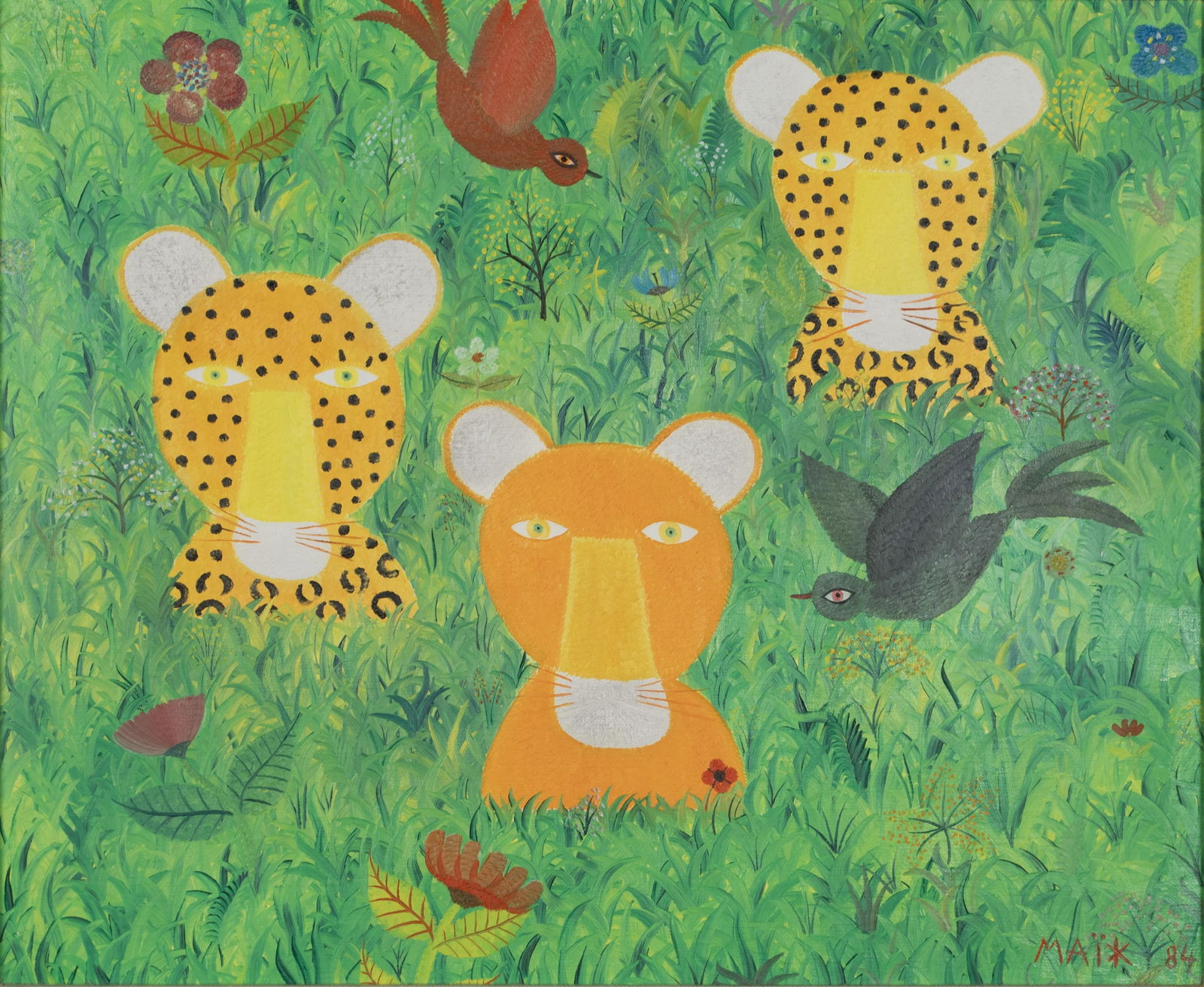 HENRI HECHT MAIK (FRENCH, 1922-1993): Henri Hecht MaikFrench, 1922-1993Dans les Hautes HerbesOil on canvasSigned and dated '84 lower right, also signed and titled to back of canvas. Tigers and birds among deep green foliage, framed.Bears