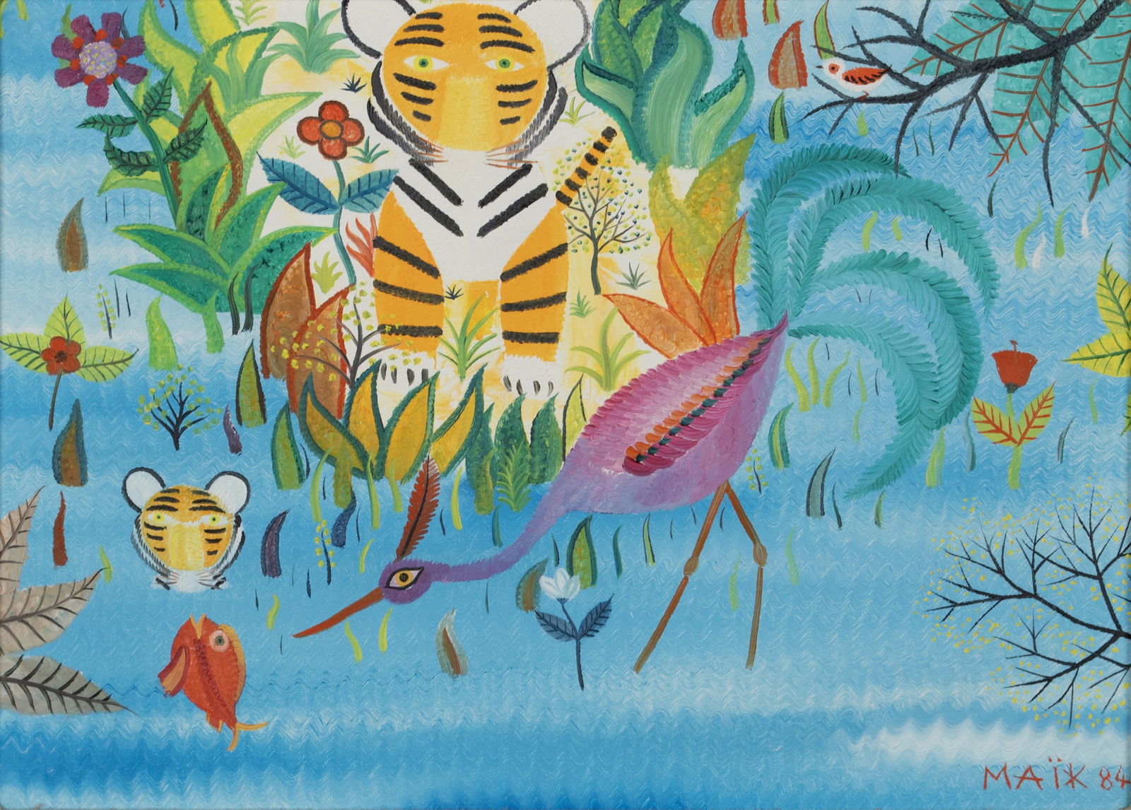 HENRI HECHT MAIK (FRENCH, 1922-1993): Henri Hecht MaikFrench, 1922-1993Un BainOil on canvasSigned and dated '84 lower right, also signed and titled to back of canvas. Tiger, flamingo, fish, and more surrounded by colorful flowers and surr