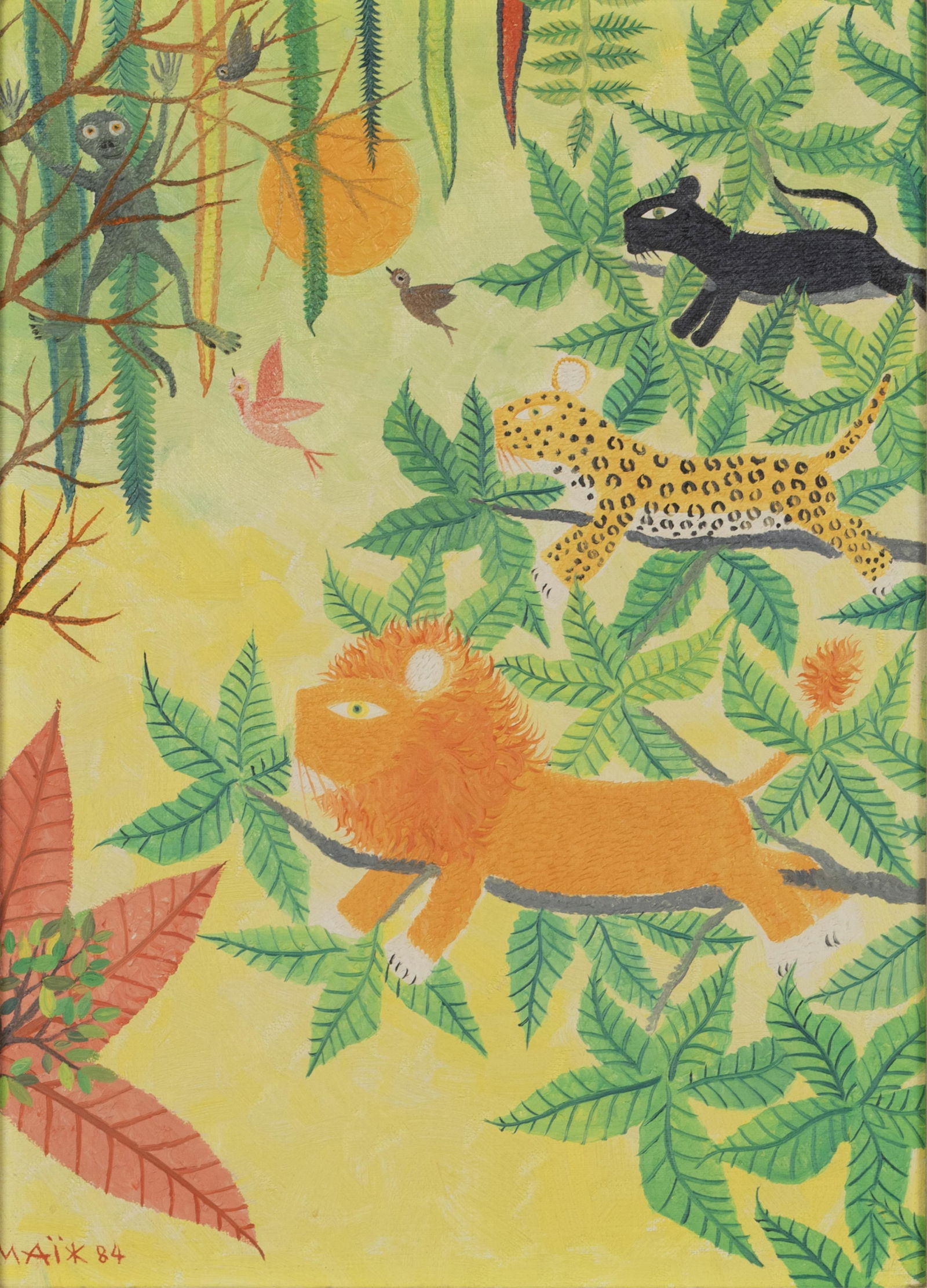 HENRI HECHT MAIK (FRENCH, 1922-1993): Henri Hecht MaikFrench, 1922-1993Dans les ArbesOil on canvasSigned and dated '84 lower left, also signed and titled to back of canvas. Lion, leopards, monkey, and more lounging in the trees against a