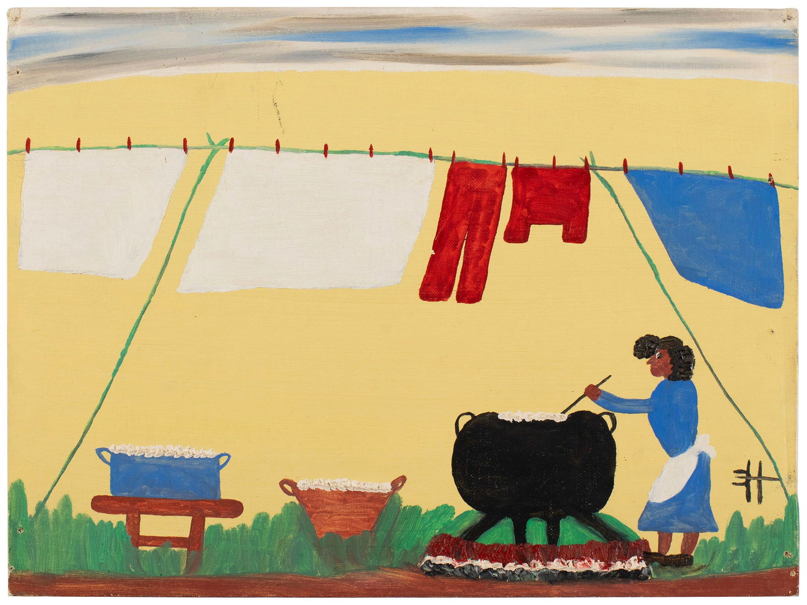 CLEMENTINE HUNTER (AMERICAN, 1887-1988): Clementine HunterAmerican, 1887-1988Oil on canvas panelInitialed lower right. Laundry day scene, unframed.Accompanied by a photograph of the artist holding this painting.Clementine Hunter lived and wo